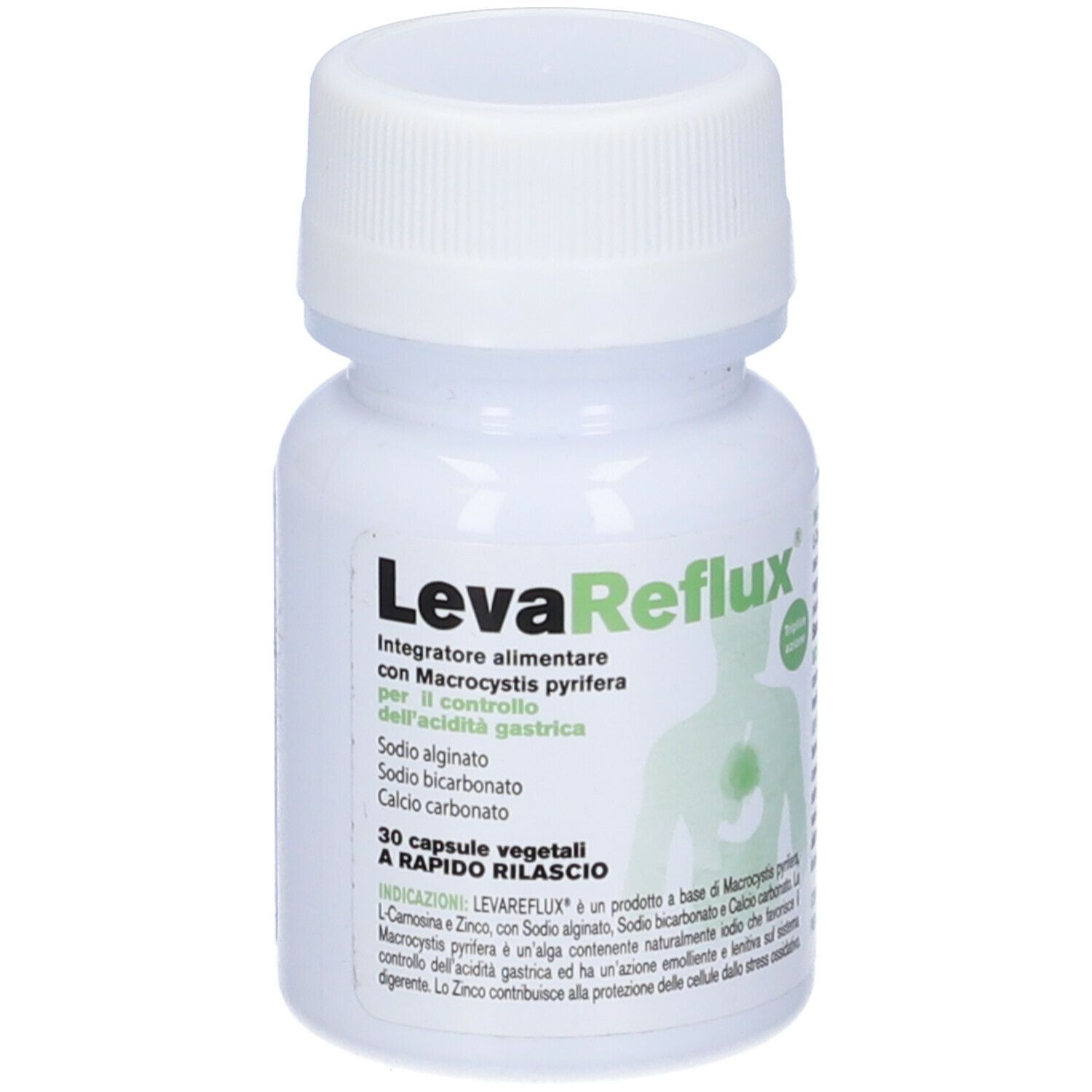 Flacone bianco di LevaReflux, 30 capsule vegetali a rilascio rapido. Per il controllo dell'acidità gastrica.