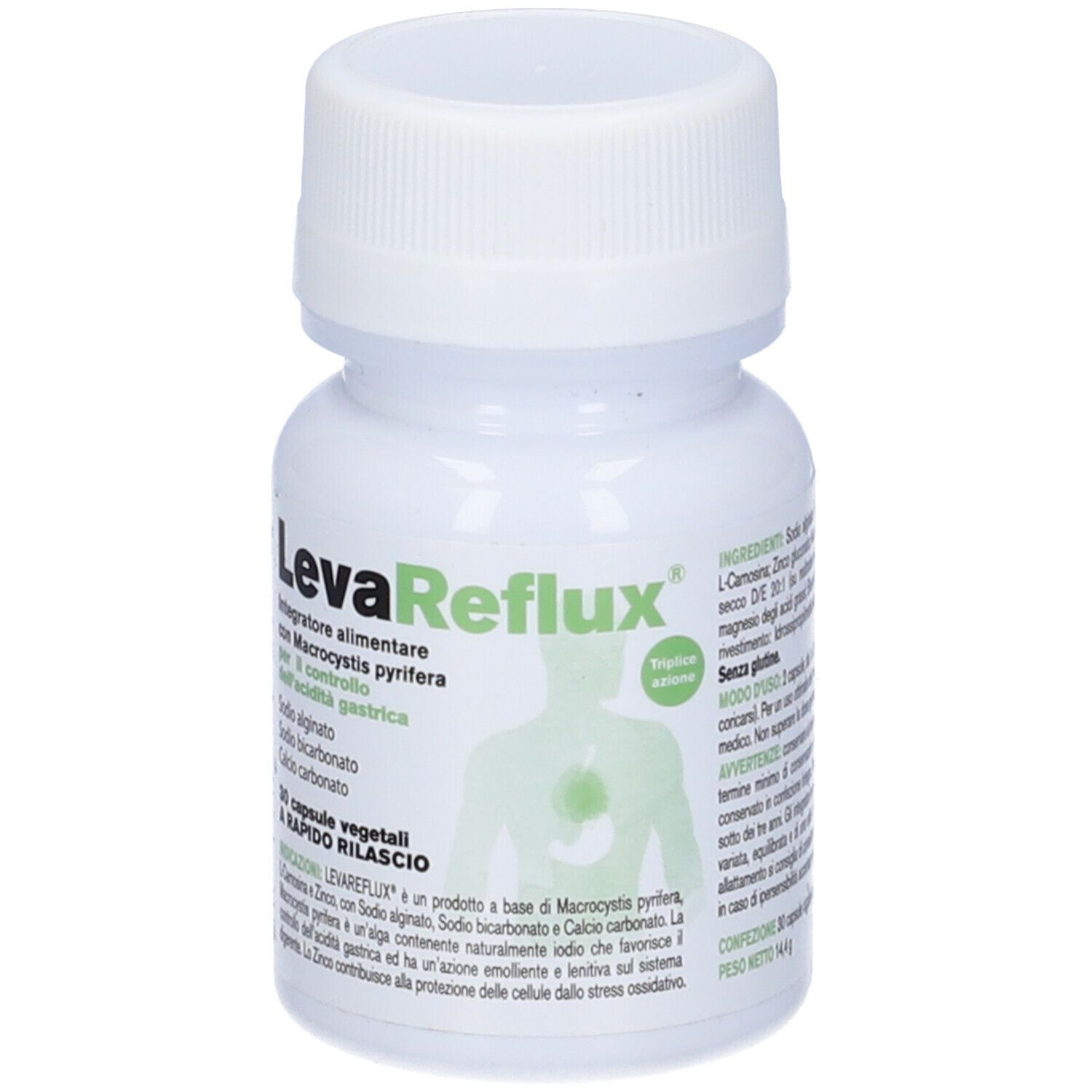 Flacone bianco di LevaReflux, 30 capsule vegetali a rilascio rapido. Per il controllo dell'acidità gastrica.