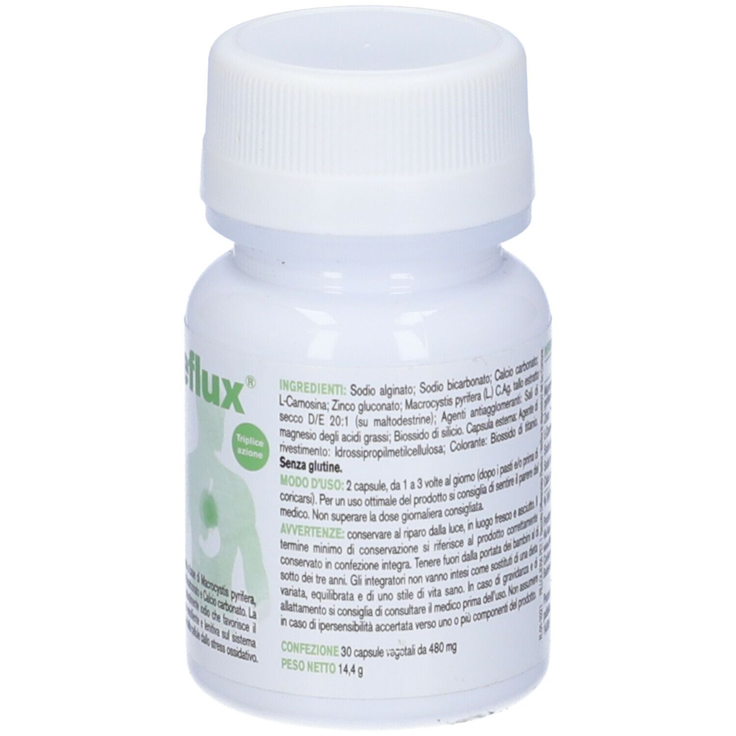 Flacone bianco LevaReflux. Retro con ingredienti, modo d'uso e peso.