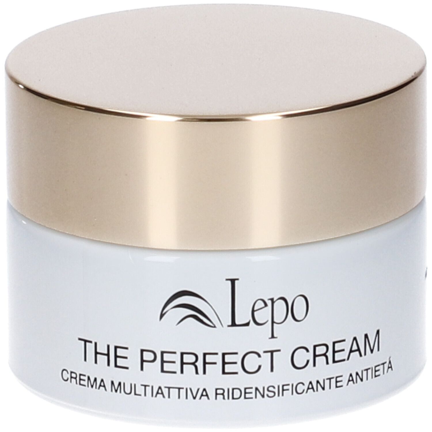 Vaso di crema con coperchio dorato. Scritta: Lepe, The Perfect Cream, Crema Multiattiva Ridensificante Antietà.
