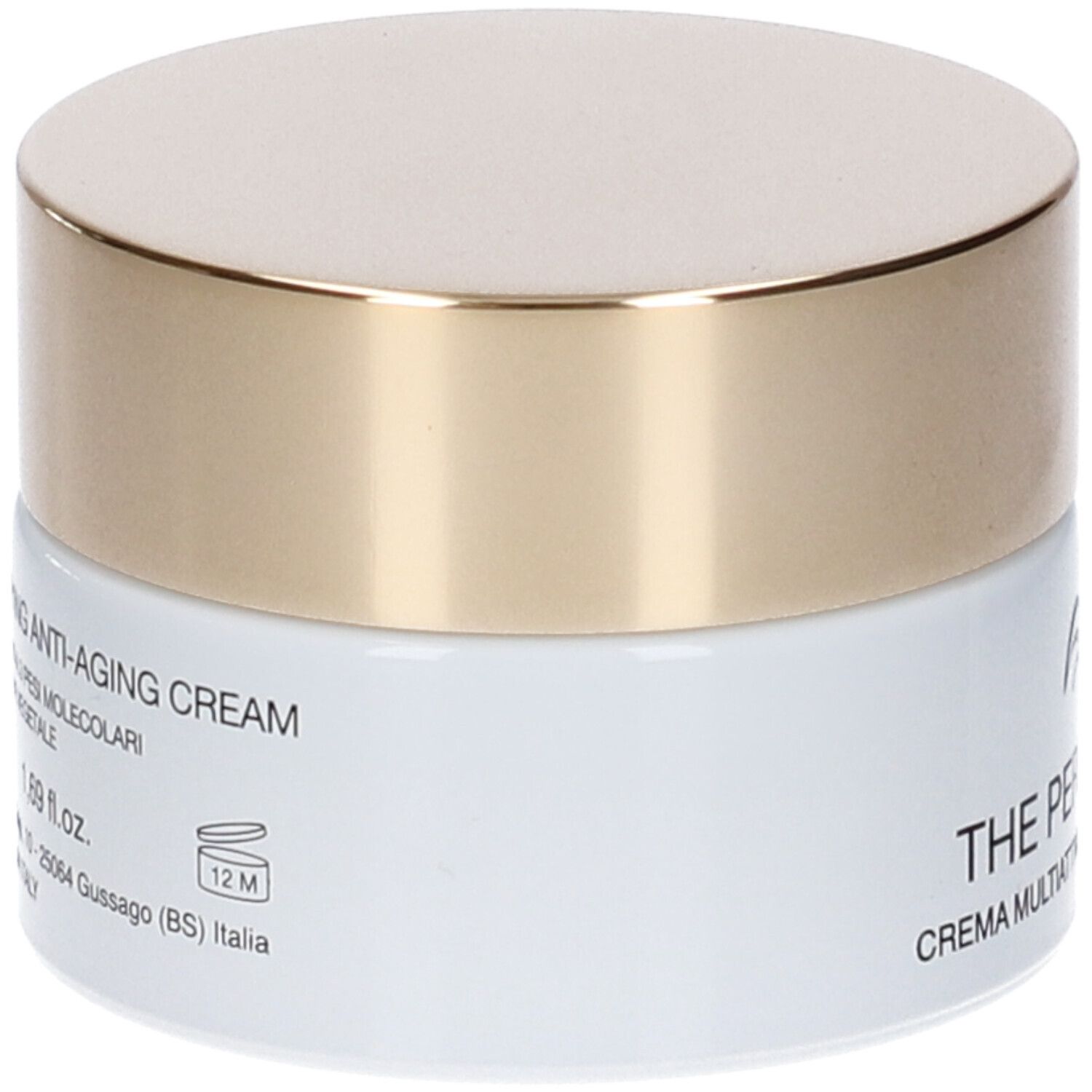 Vaso di crema con coperchio dorato. Scritta: The Perfect Cream, Crema Multiattiva Ridensificante Antietà.