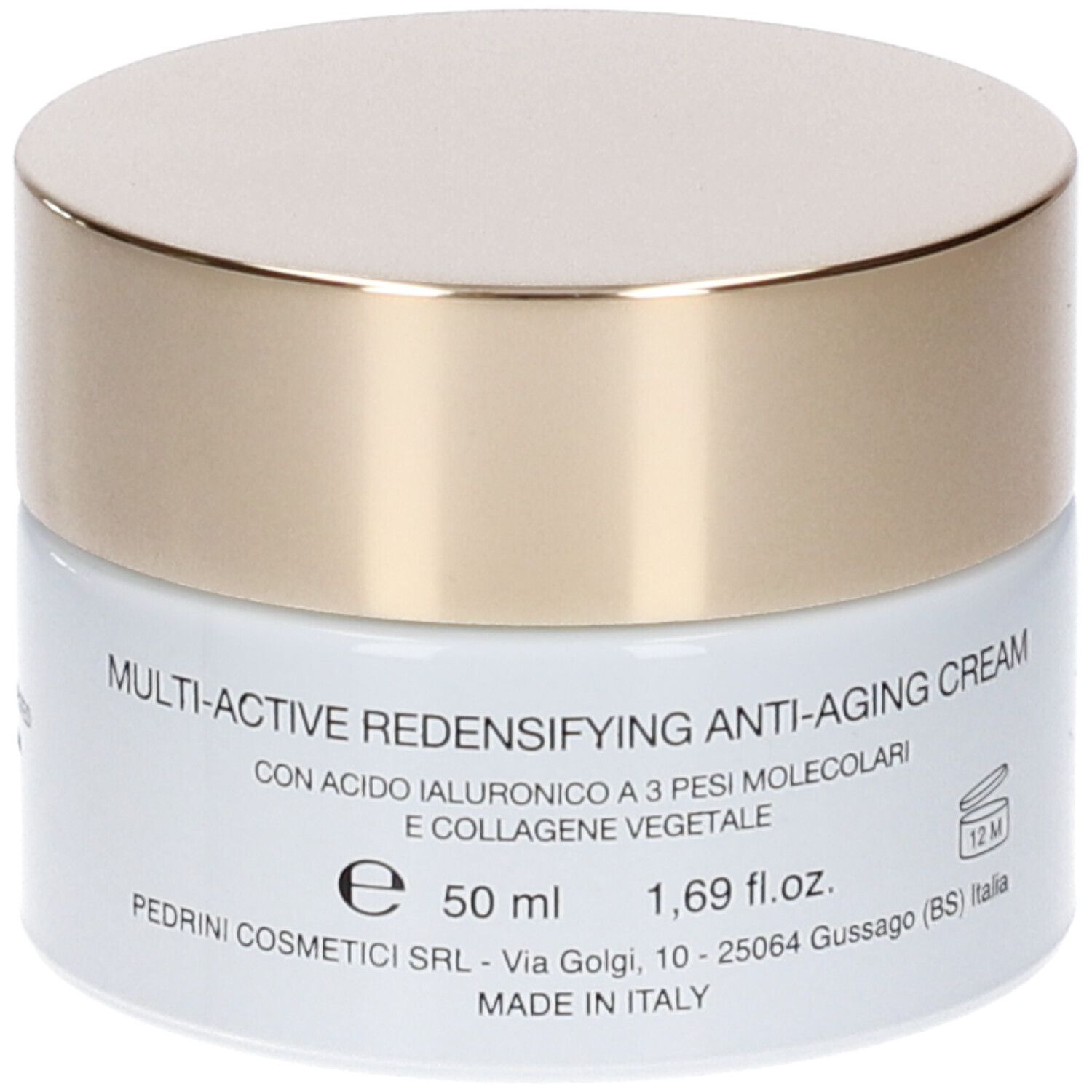 Vaso di crema con coperchio dorato. Scritta: The Perfect Cream, Crema Multiattiva Ridensificante Antietà.