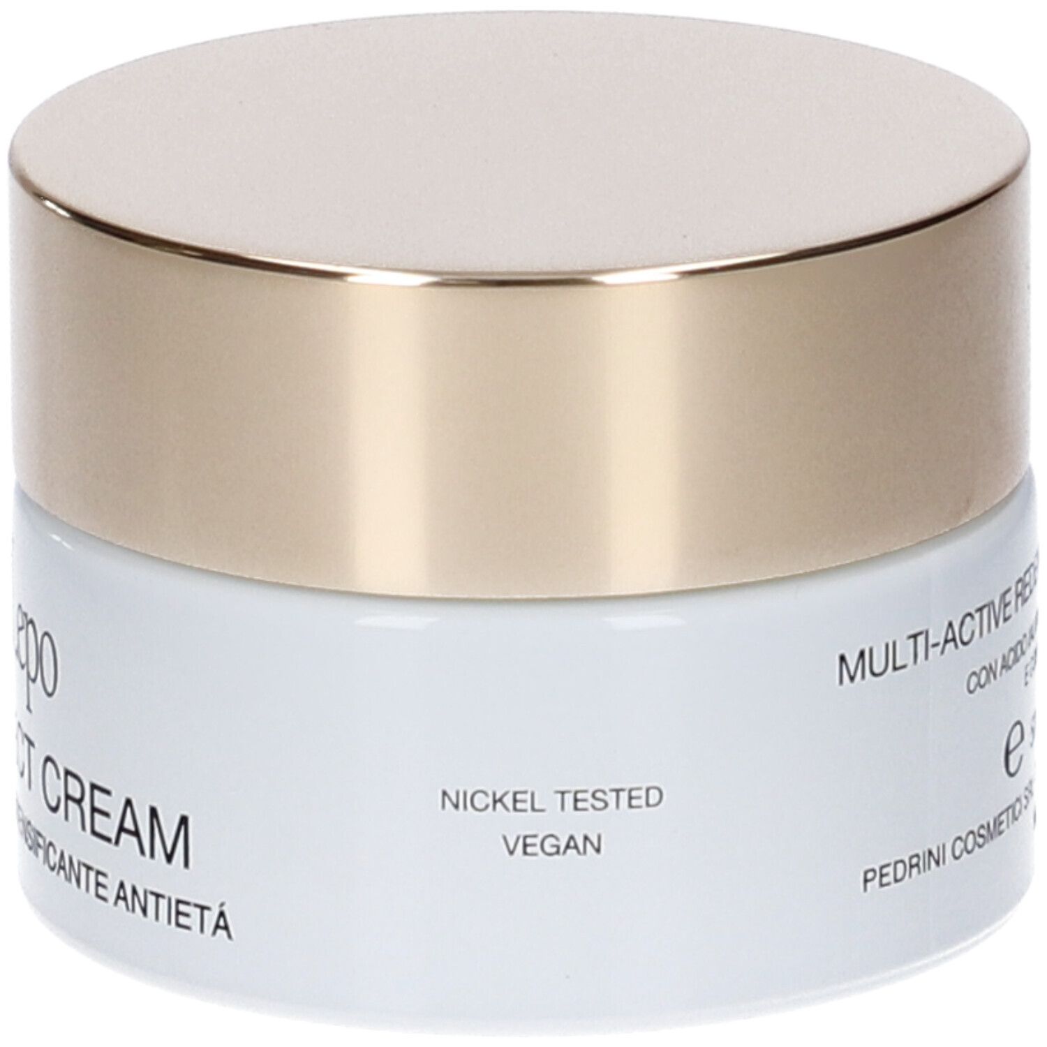 Vaso di crema con coperchio dorato. Scritta: The Perfect Cream, Crema Multiattiva Ridensificante Antietà.