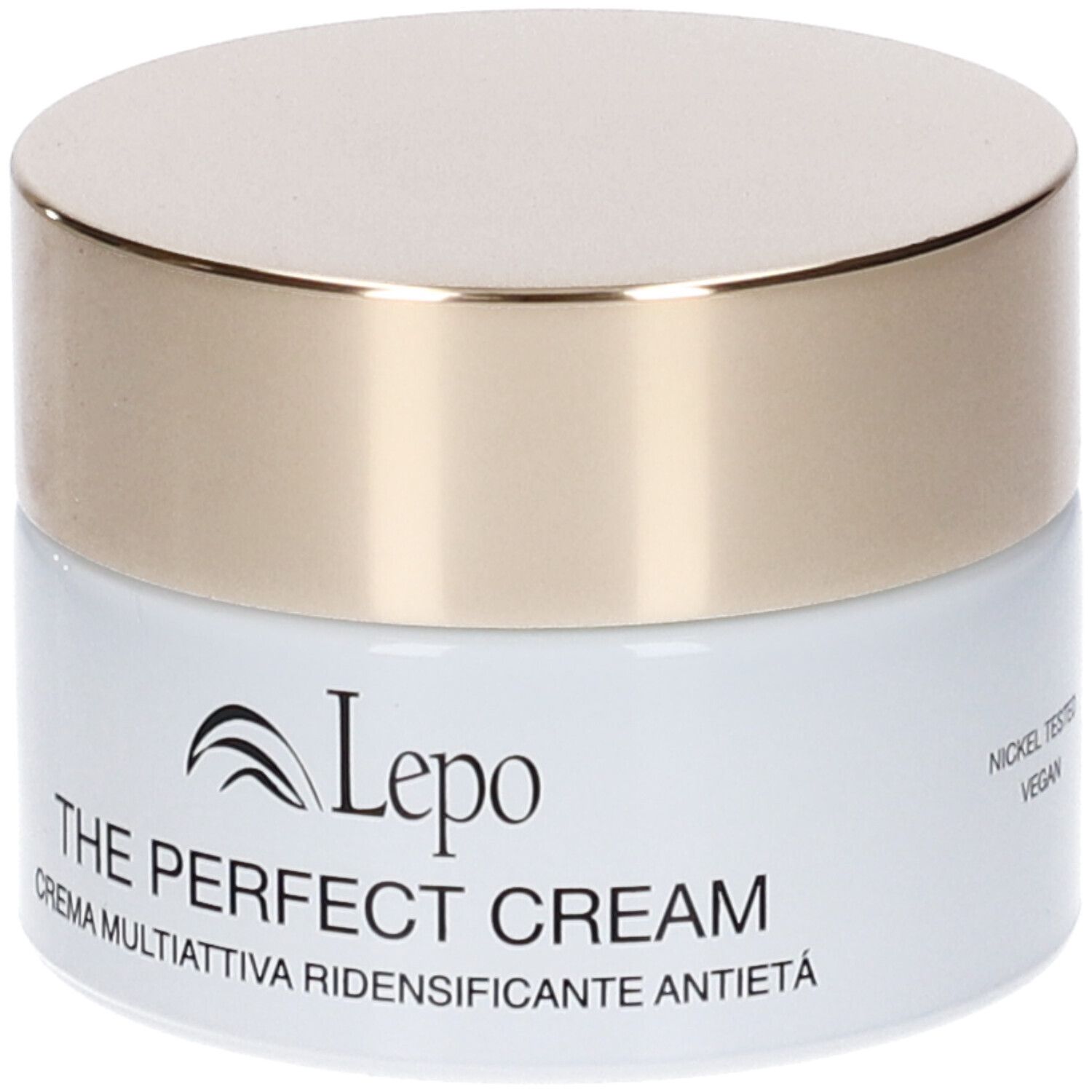 Vaso di crema con coperchio dorato. Scritta: Lepe, The Perfect Cream, Crema Multiattiva Ridensificante Antietà.