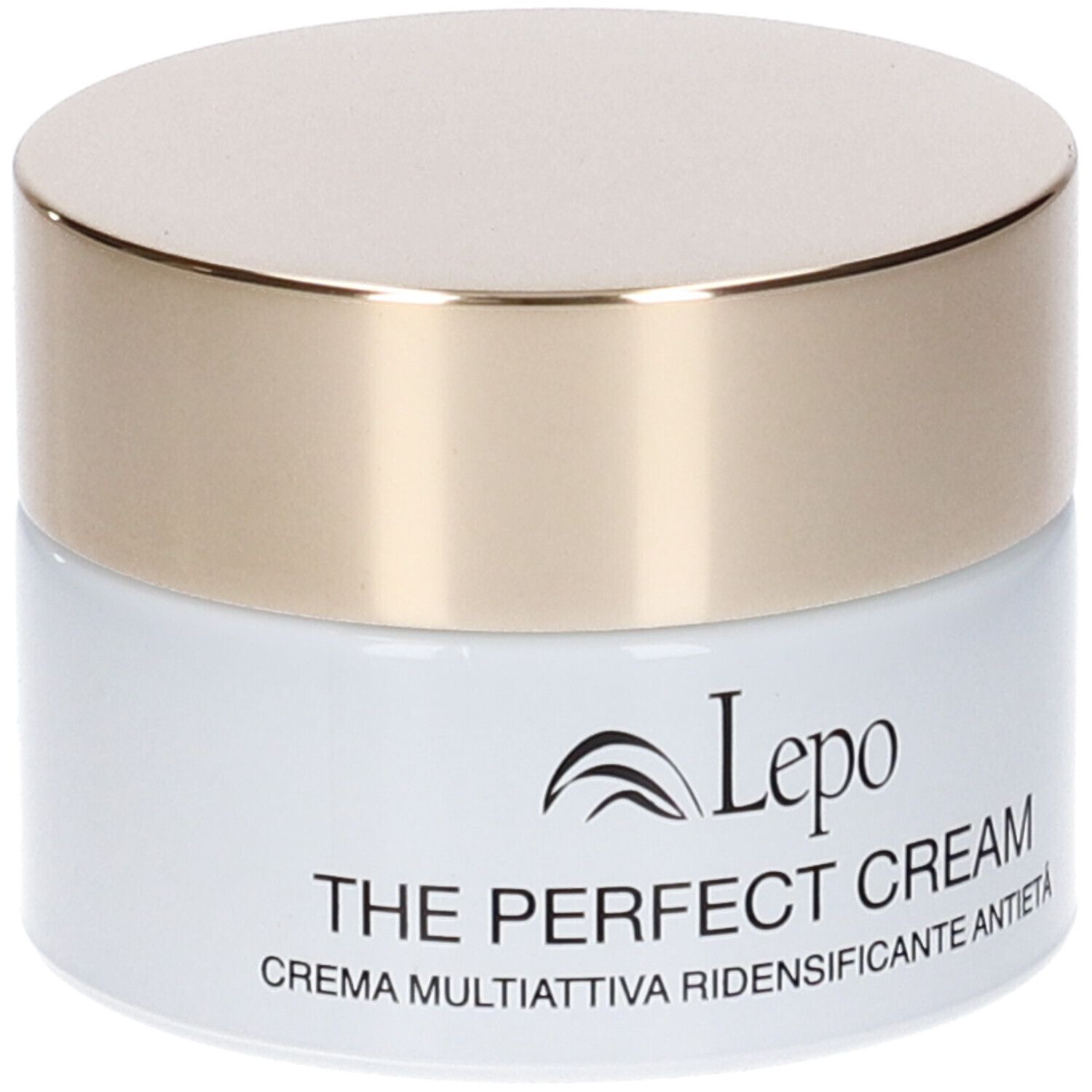 Vaso di crema con coperchio dorato. Scritta: Lepe, The Perfect Cream, Crema Multiattiva Ridensificante Antietà.
