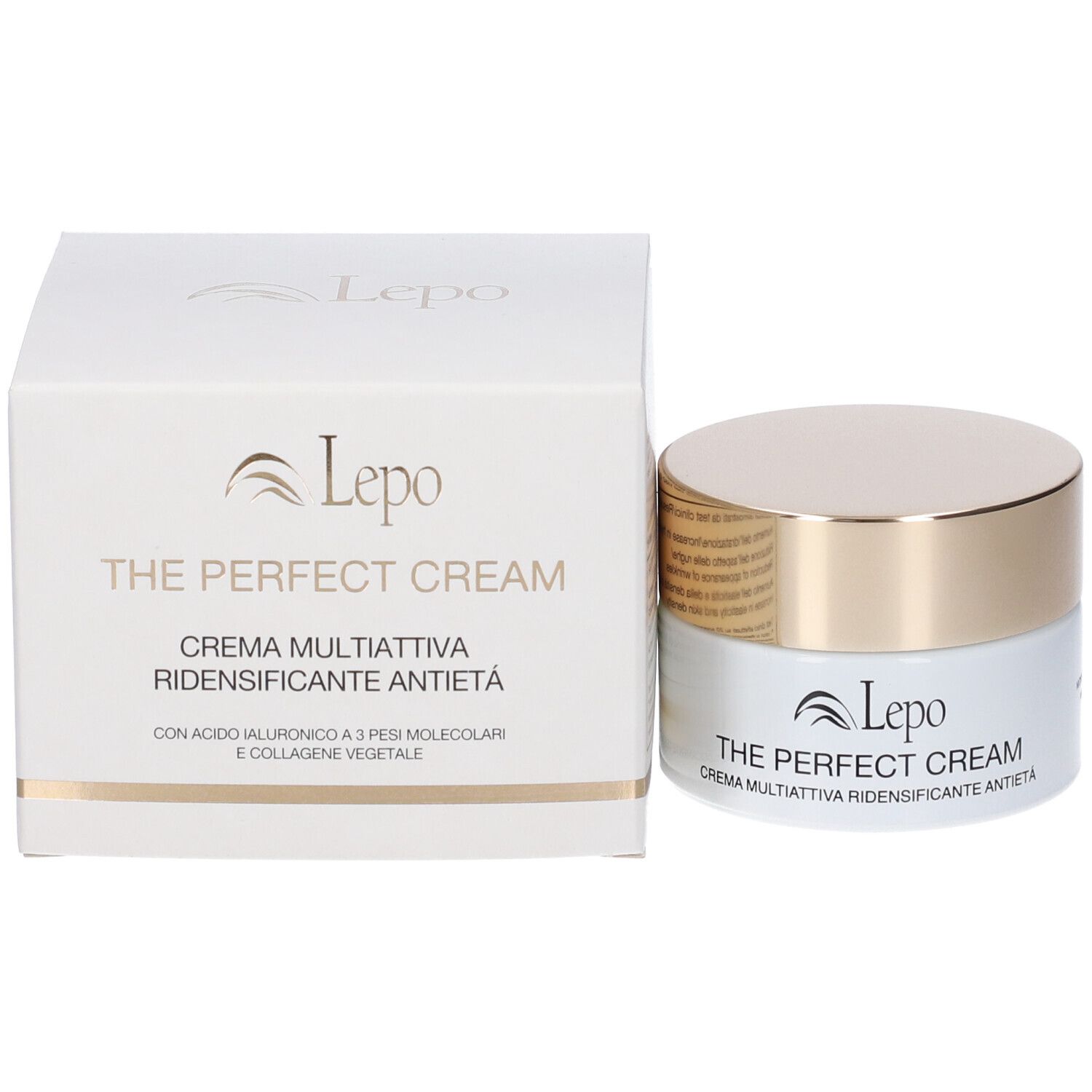 Vaso di crema e confezione. Scritta: Lepe, The Perfect Cream, Crema Multiattiva Ridensificante Antietà.