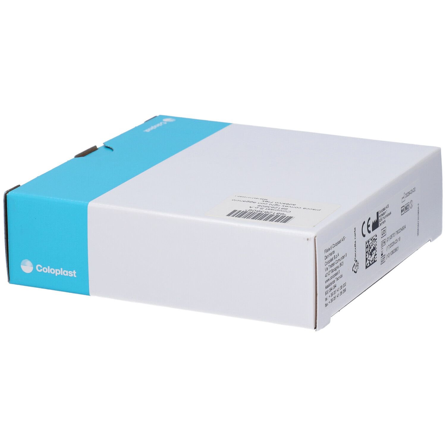 Confezione prodotto Coloplast, bianca con accento blu e logo.