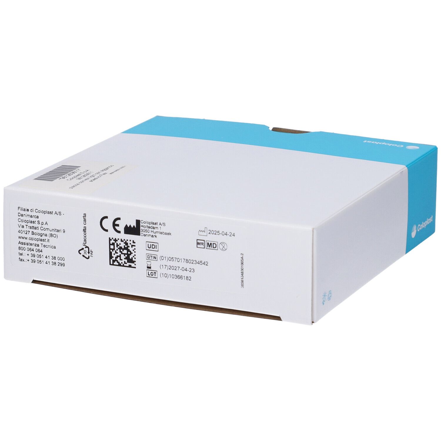 Confezione, scatola bianca con fascia blu. Retro con informazioni, codice QR e logo Coloplast.