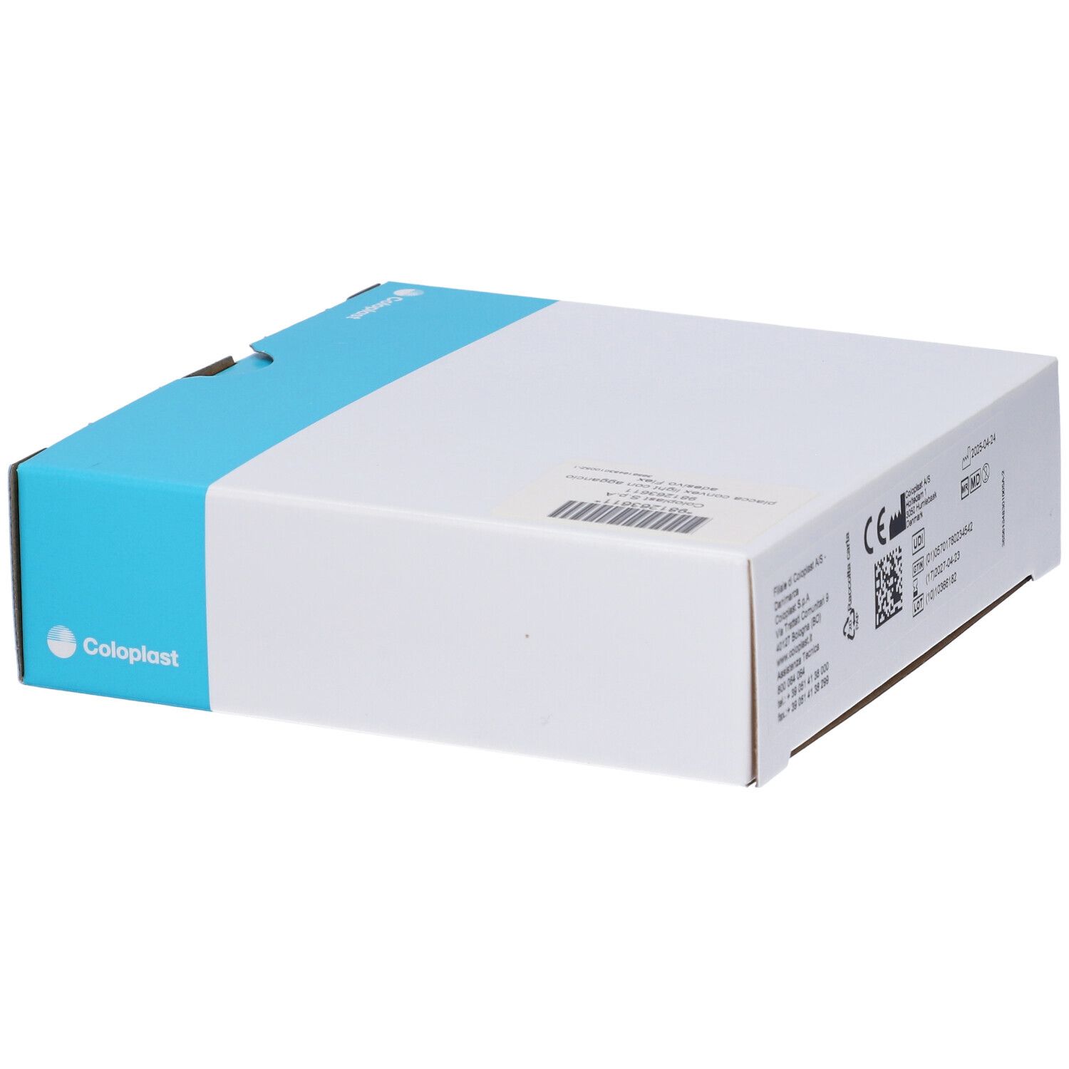 Confezione, scatola bianca con fascia blu. Retro con informazioni, codice QR e logo Coloplast.