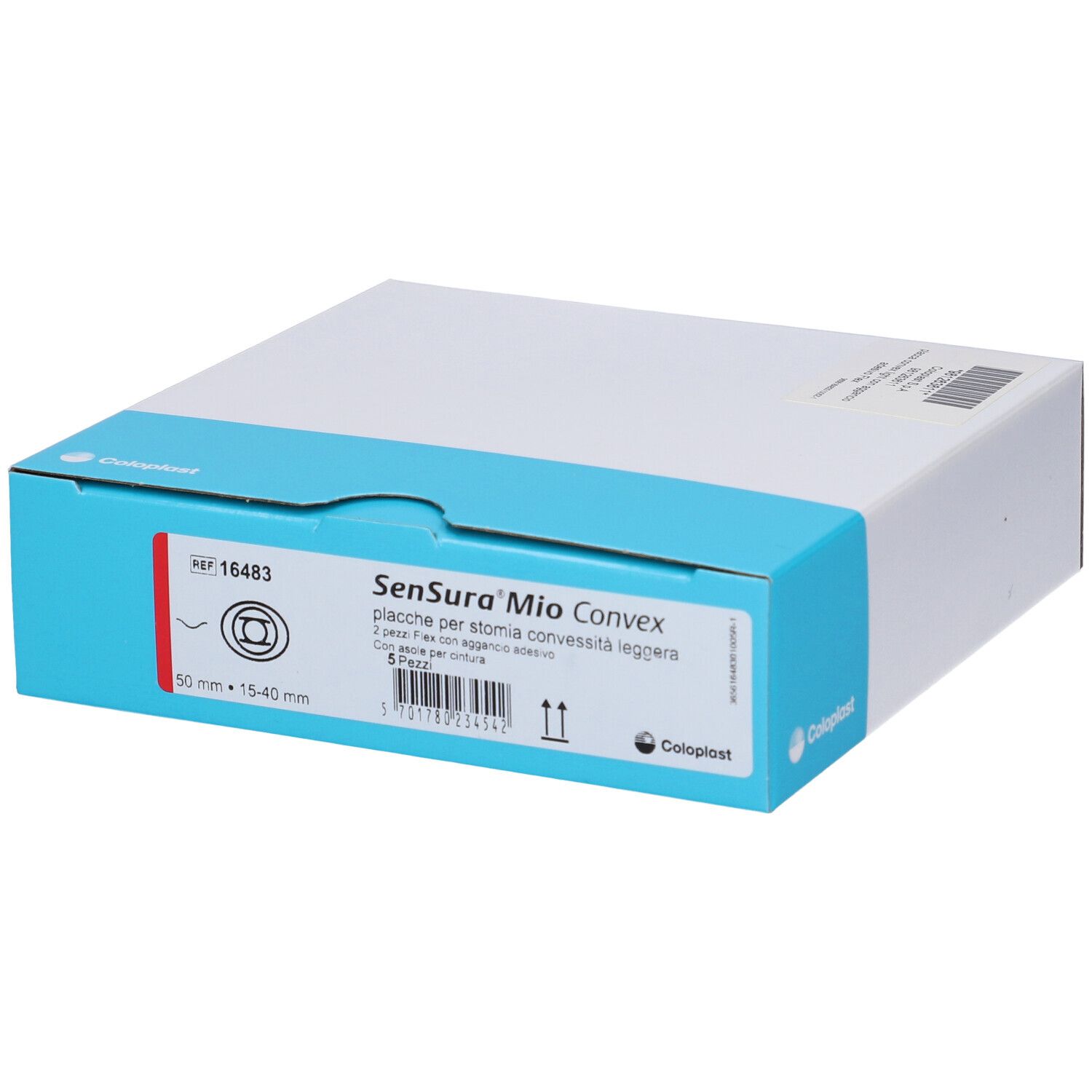 Confezione, scatola bianca con fascia blu. Scritta: SenSura Mio Convex. Logo Coloplast.
