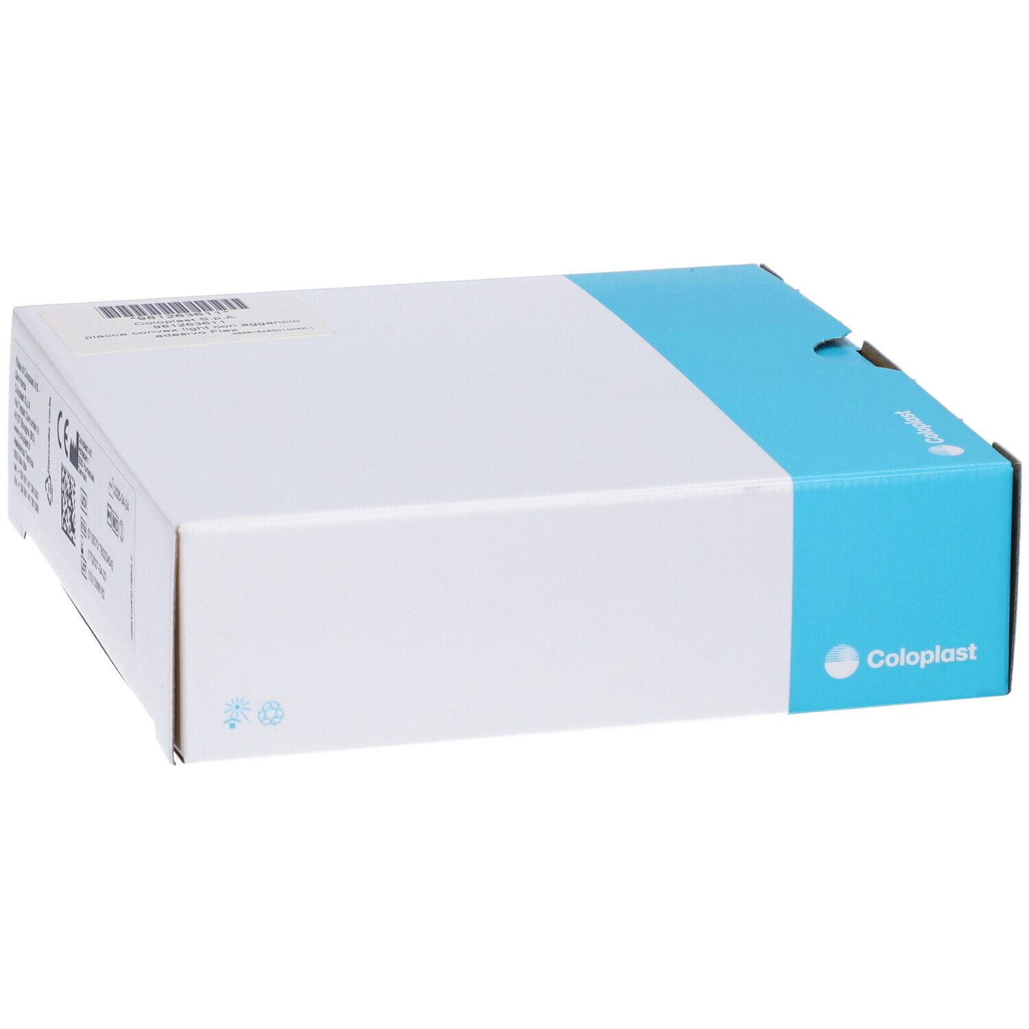 Confezione, scatola bianca con fascia blu. Logo Coloplast. Codice a barre e informazioni.