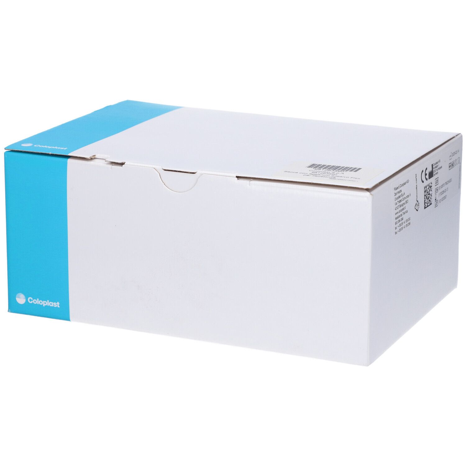 Scatola bianca con striscia blu. Logo Coloplast. Testo e codice a barre sulla scatola.