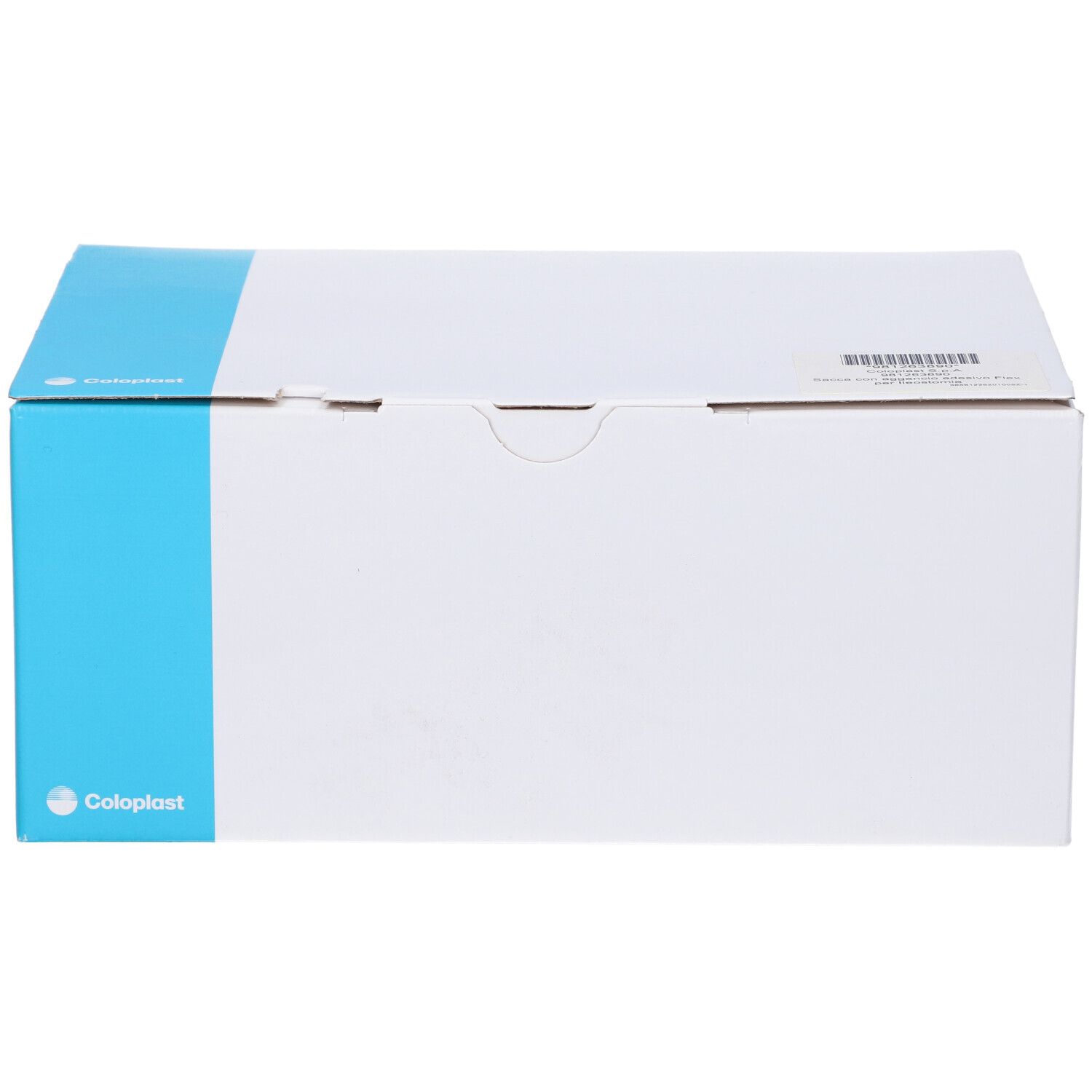 Scatola bianca con striscia blu. Logo Coloplast. Testo e codice a barre sulla scatola.