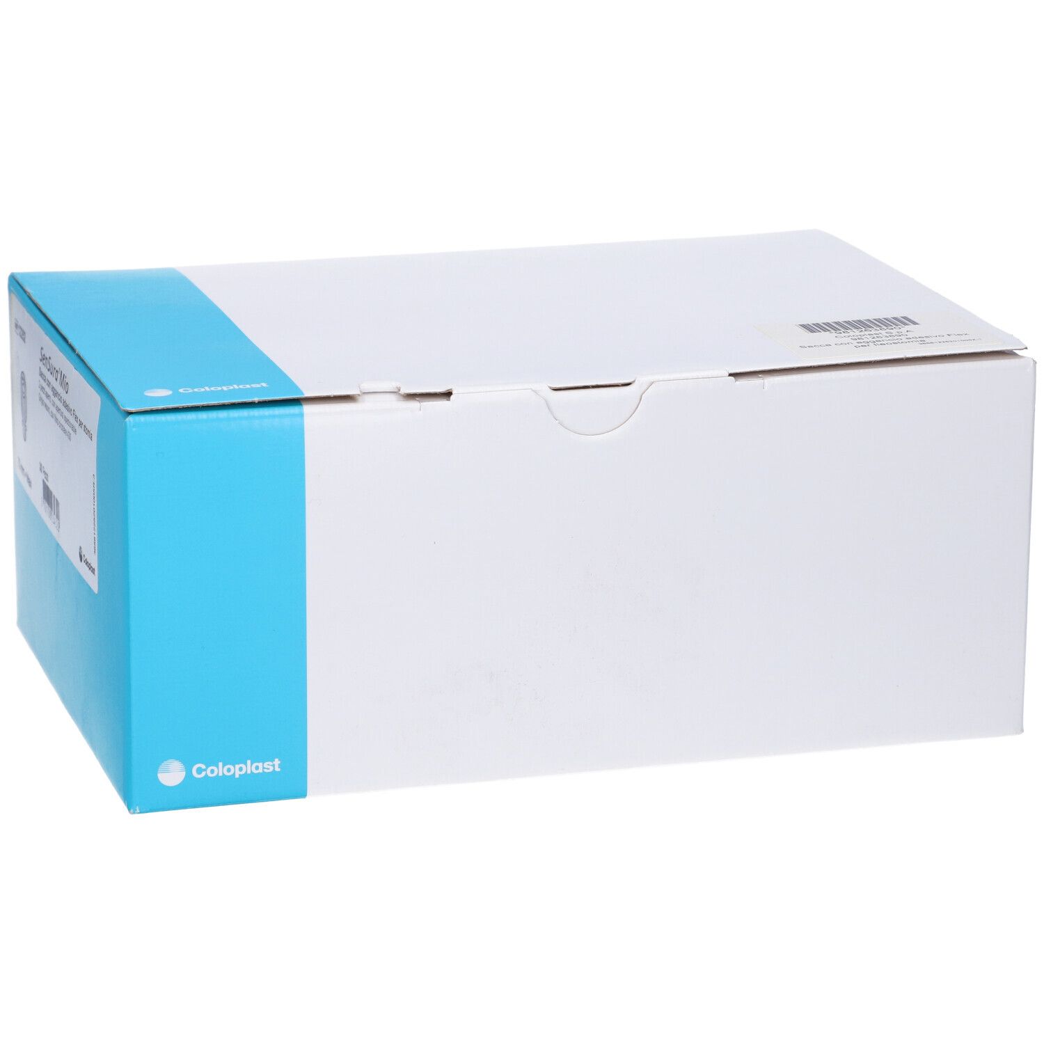 Scatola bianca con striscia blu. Logo Coloplast. Testo e codice a barre sulla scatola.