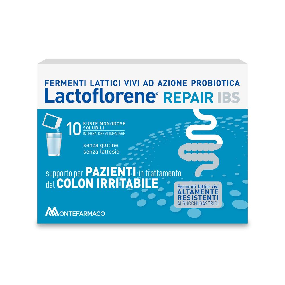 Scatola Lactoflorene® Repair IBS. 10 bustine, senza glutine, senza lattosio. Con simbolo intestino.