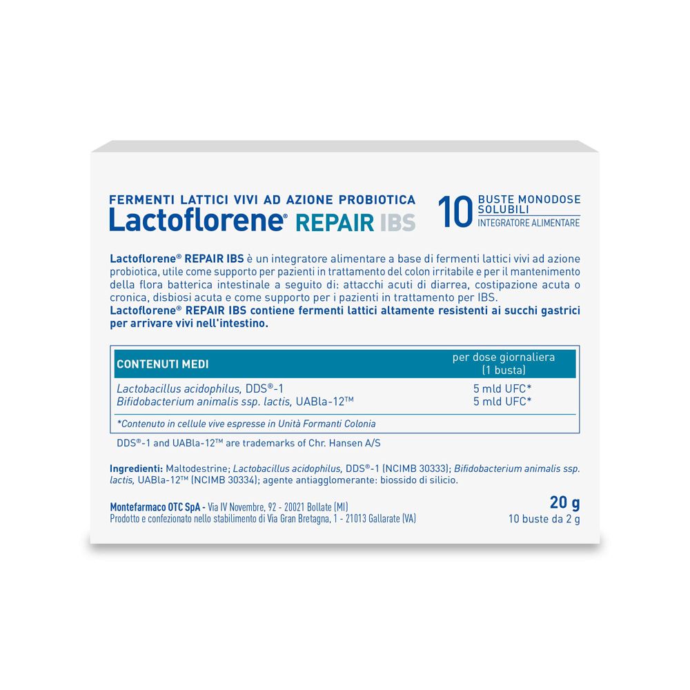 Scatola Lactoflorene® Repair IBS. 10 bustine. Contiene informazioni sugli ingredienti e i valori nutrizionali.