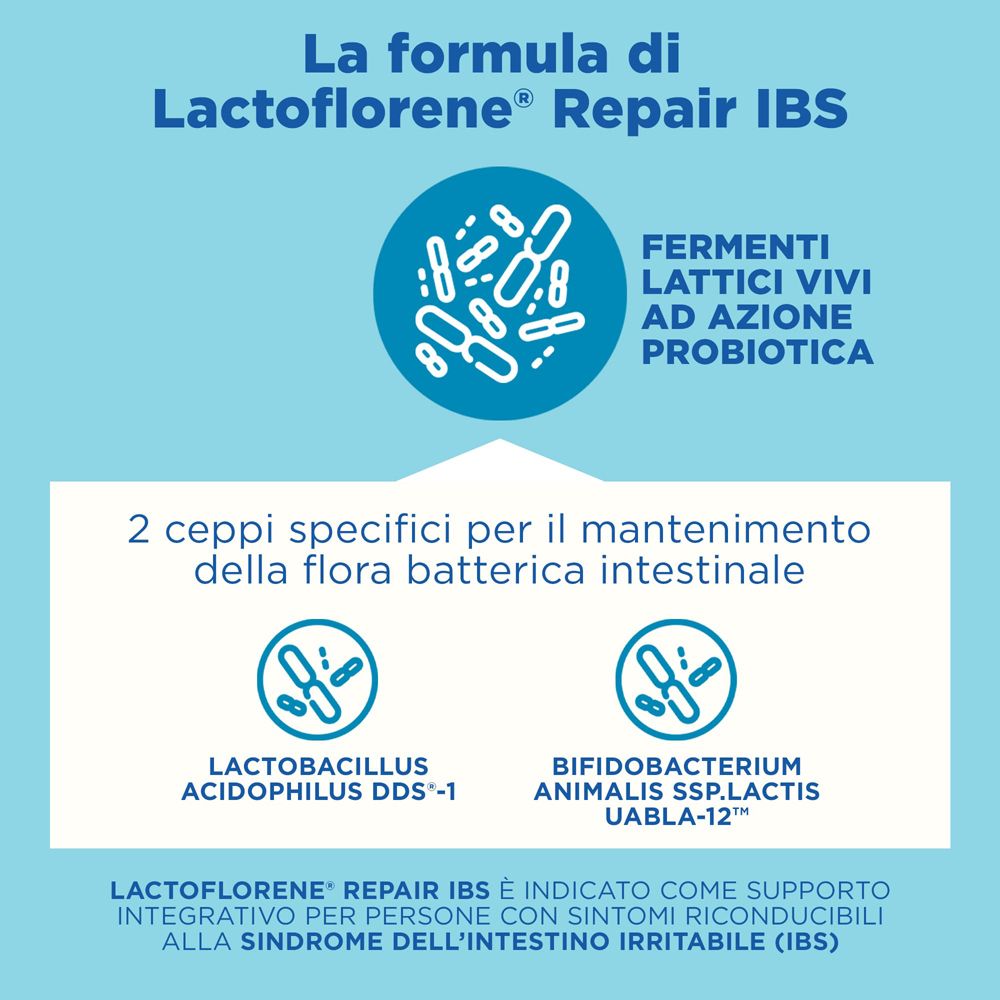 Grafico: Lactoflorene® Repair IBS. 2 ceppi specifici per la flora batterica intestinale. Illustrazioni batteri.