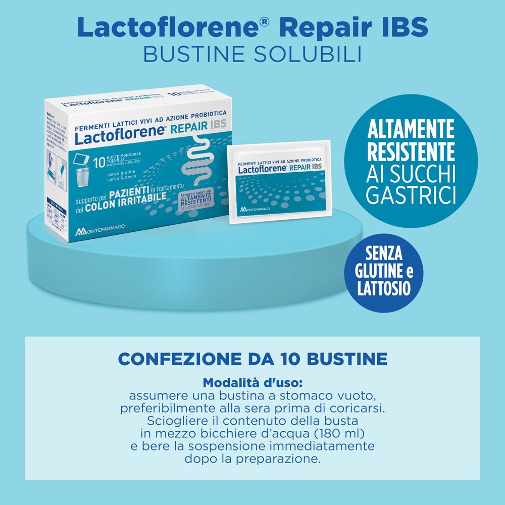 Lactoflorene® Repair IBS. 10 bustine. Senza glutine e lattosio. Con simbolo intestino e testo.