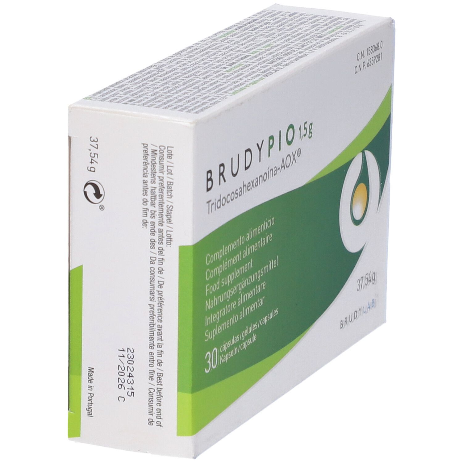 Scatola bianca inclinata con dettagli verdi. Scritta Brudypio 1,5g, 30 capsule. Contiene integratore alimentare.