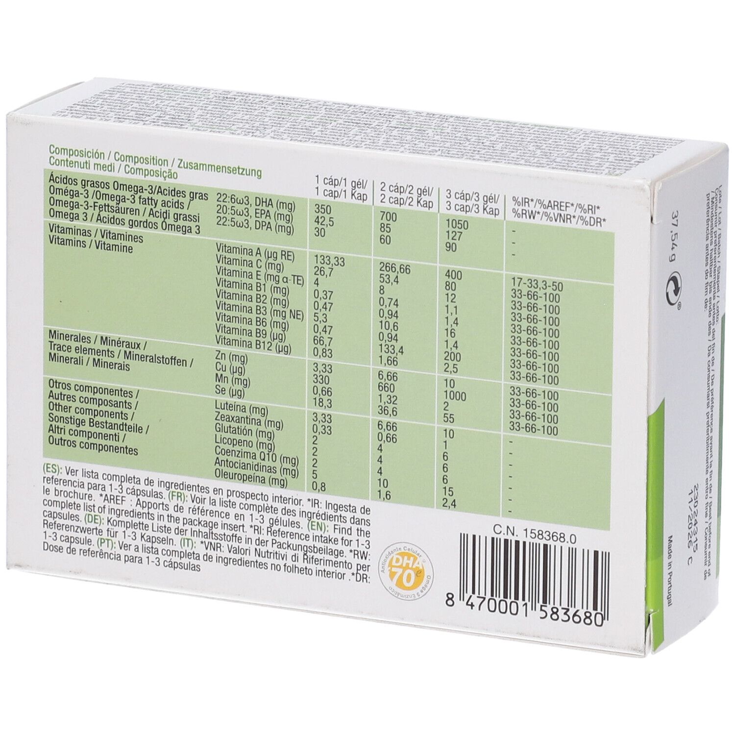 Retro della scatola bianca. Contiene tabelle con ingredienti e valori nutrizionali. Con logo DHA 70.