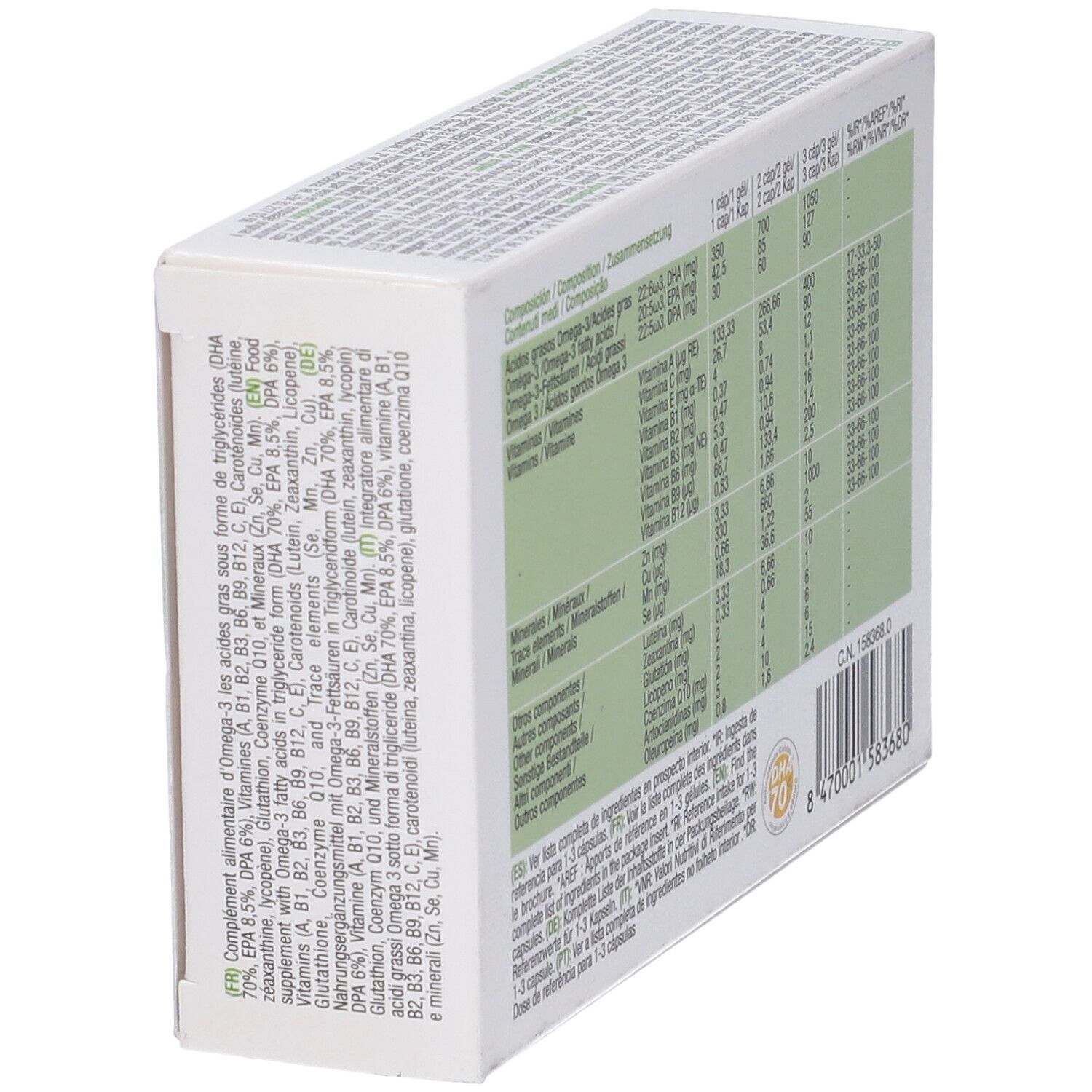 Retro inclinato della scatola bianca. Tabelle con ingredienti e valori nutrizionali. Logo DHA 70.