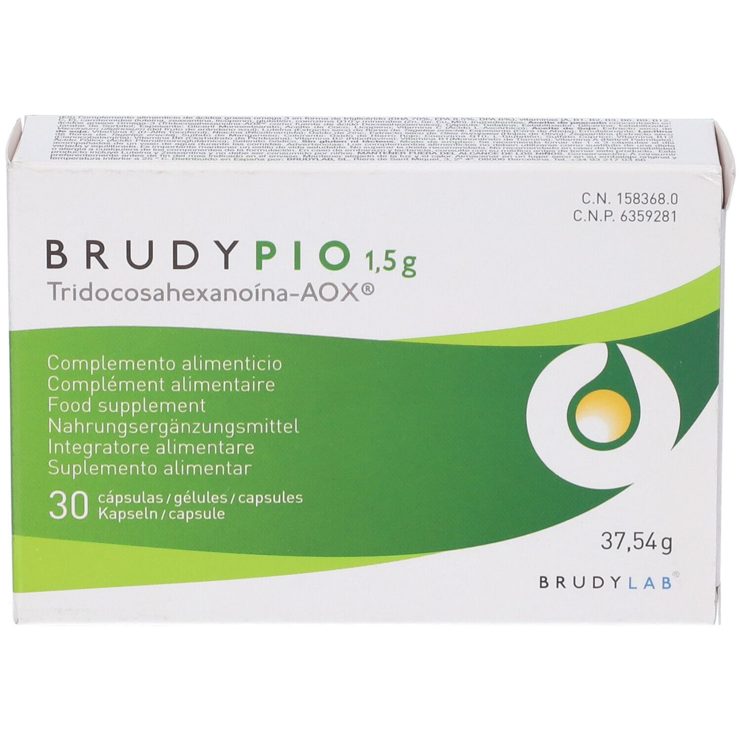 Scatola bianca con dettagli verdi. Scritta Brudypio 1,5g, 30 capsule. Contiene integratore alimentare. Logo Brudylab.