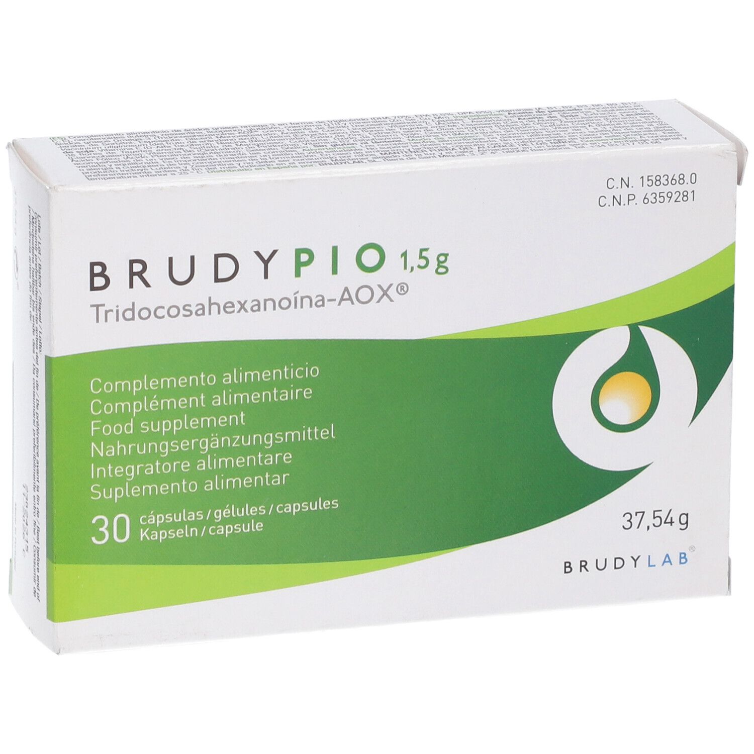 Scatola bianca con dettagli verdi. Scritta Brudypio 1,5g, 30 capsule. Contiene integratore alimentare. Logo Brudylab.