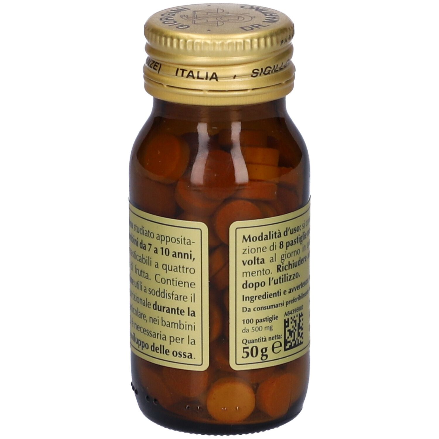 Flacone di vetro marrone con tappo dorato. Scritta: 100 pastiglie da 500 mg. Contiene pastiglie.