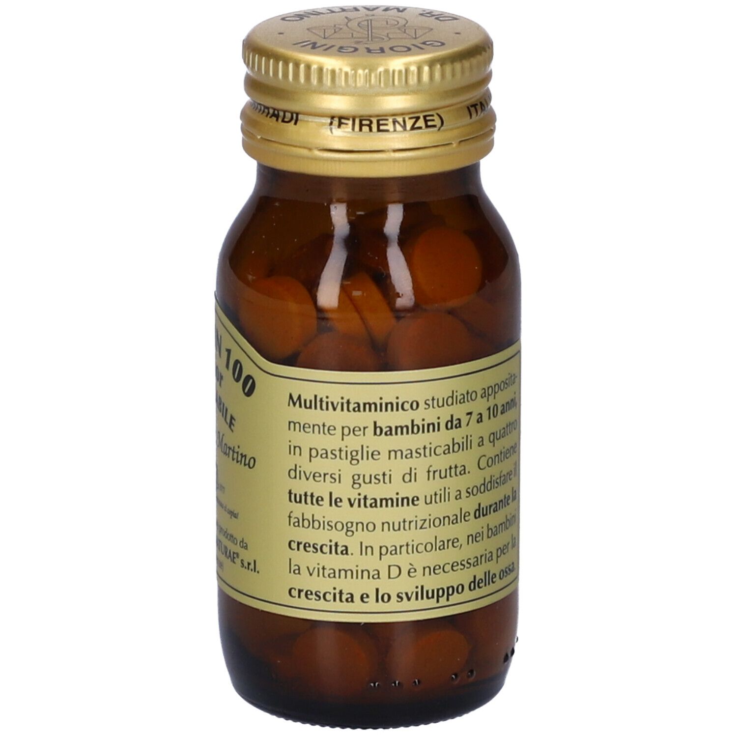 Flacone di vetro marrone con tappo dorato. Scritta: Vitamin 100 Junior, Dr. Martino. Contiene pastiglie.