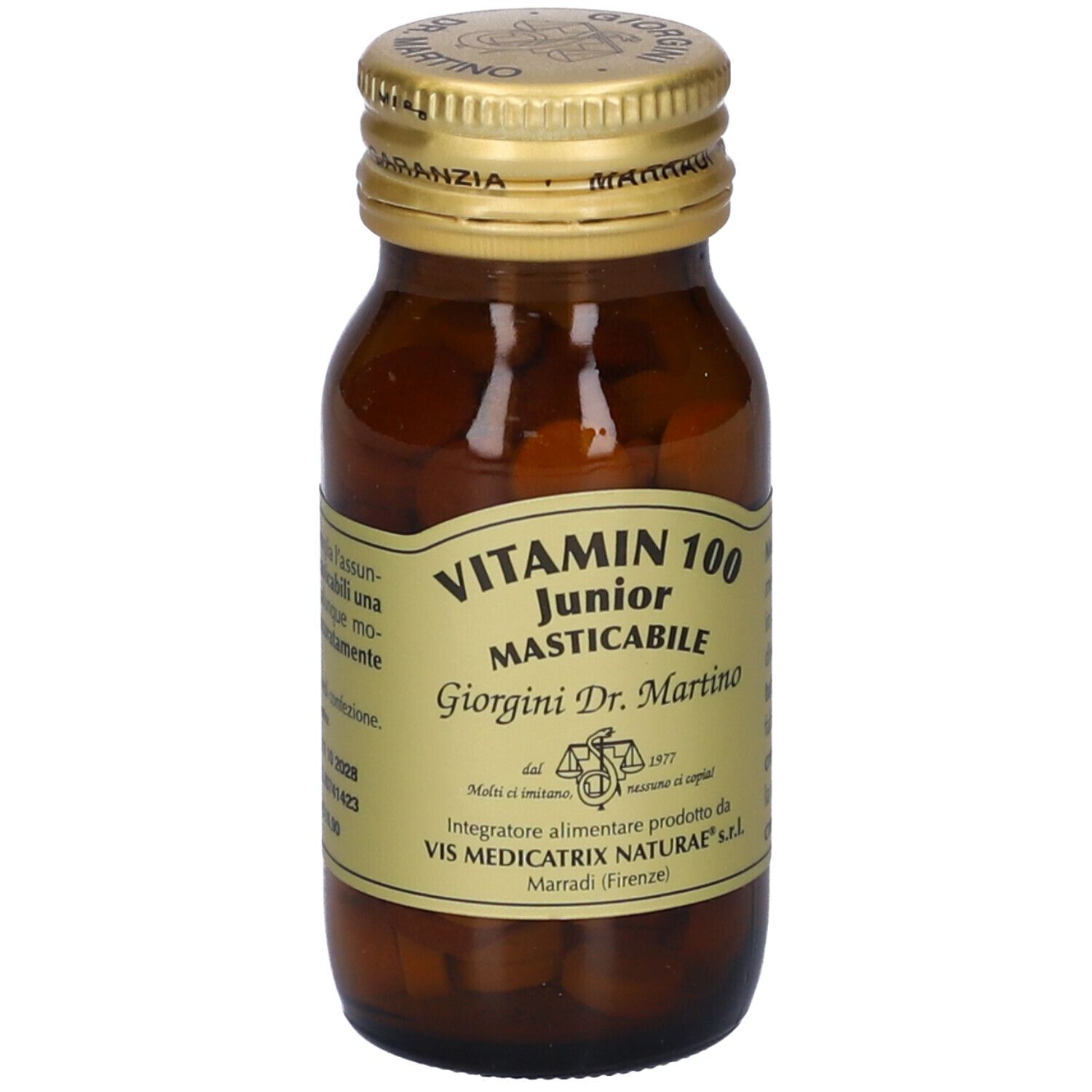 Flacone di vetro marrone con tappo dorato. Scritta: Vitamin 100 Junior, Dr. Martino. Contiene pastiglie.
