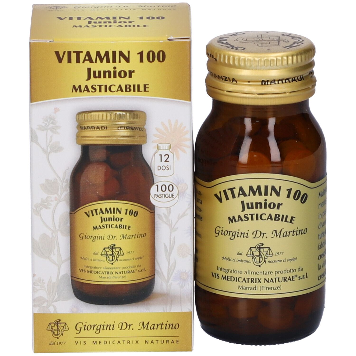 Prodotto e confezione. Flacone di vetro marrone con tappo dorato e scatola. Scritta: Vitamin 100 Junior.