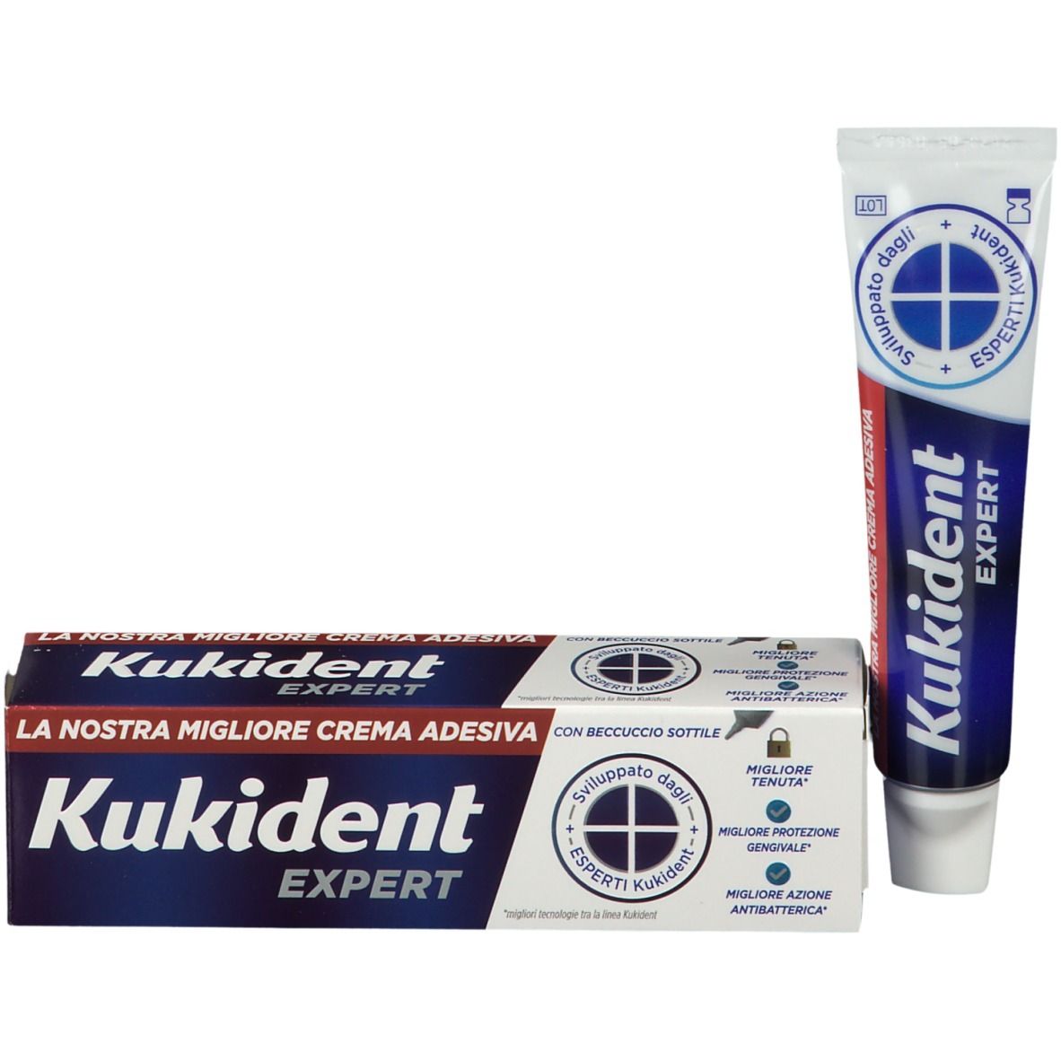 Confezione del prodotto con tubo. Scritta: Kukident EXPERT, La nostra migliore crema adesiva. Con esempi.