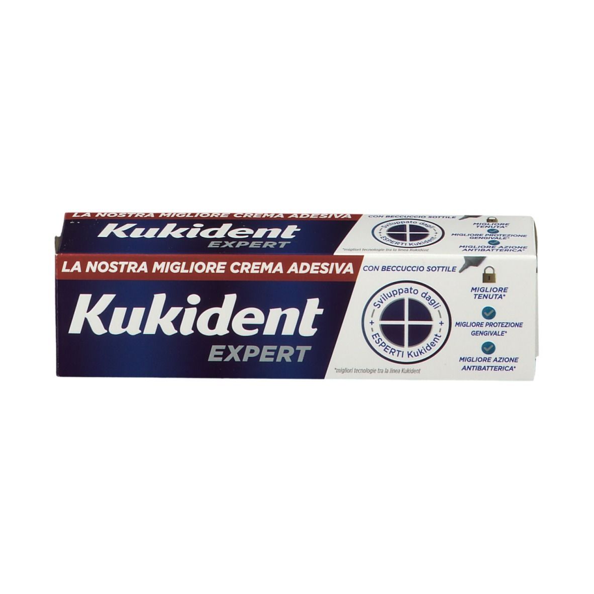 Confezione del prodotto con scritta blu Kukident EXPERT. Scritta: La nostra migliore crema adesiva. Con esempi.
