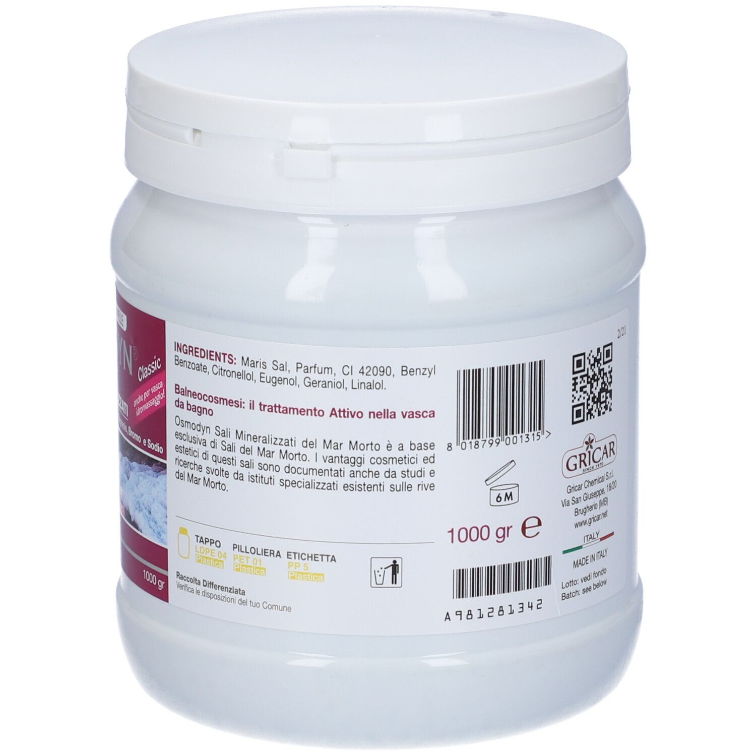 Barattolo bianco con testo e codice QR. Testo: informazioni produttore, 1000 g. Retro.