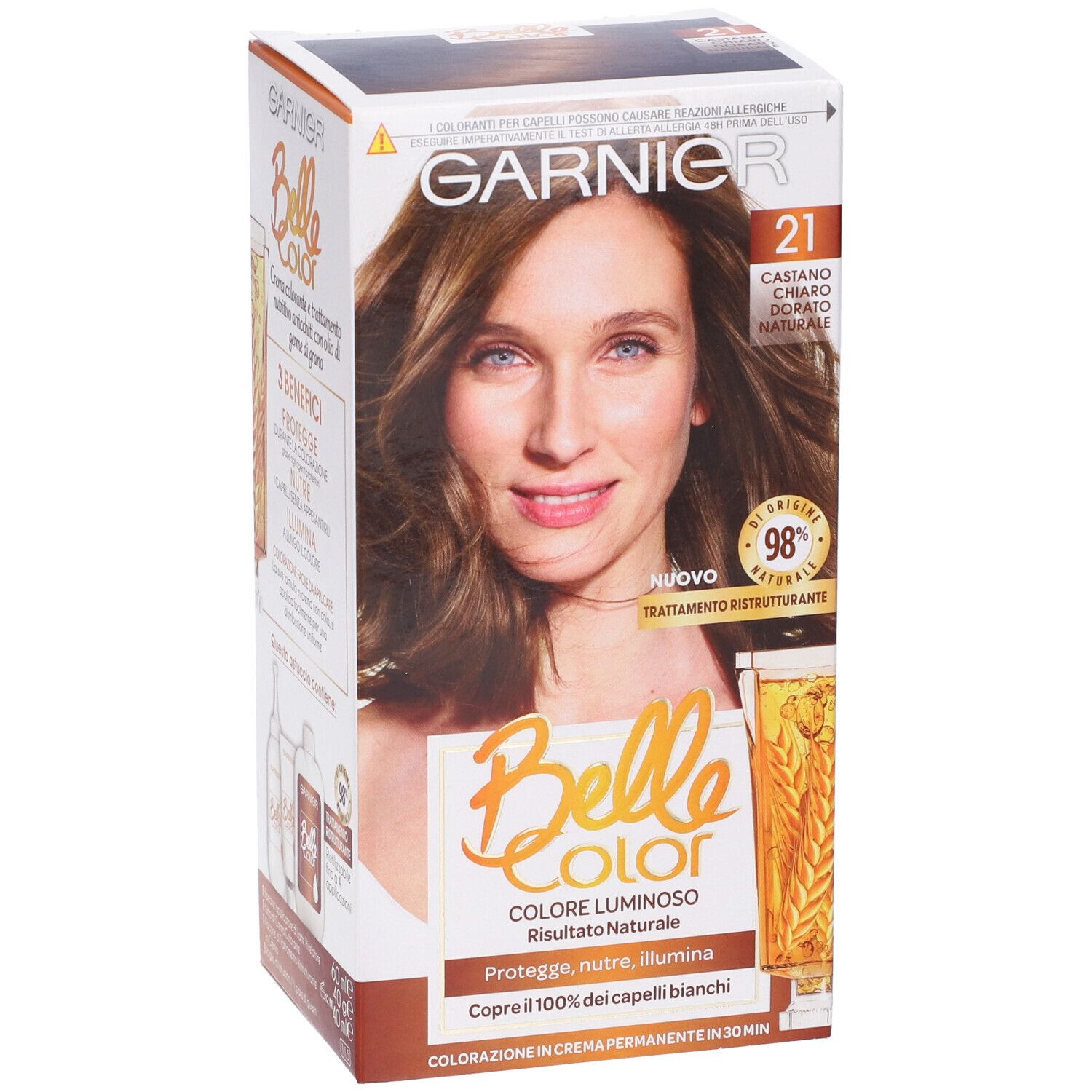 Confezione tinta per capelli Garnier Belle Color, tonalità 21, Castano Chiaro Dorato Naturale. Donna con capelli castani.