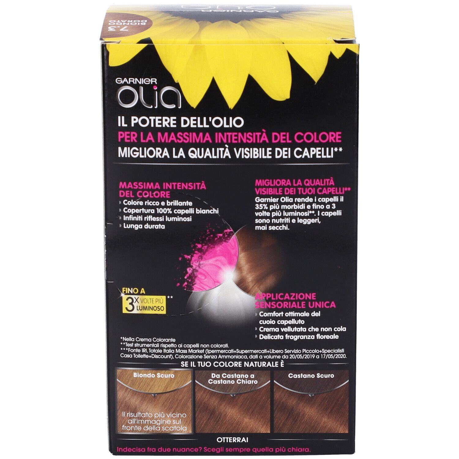 Garnier Tinta Capelli Olia, Colorazione permanente senza ammoniaca per una fragranza delicata, copre il 100% dei capelli bianchi, Con oli di fiori di origine naturale, Biondo Dorato (7.3)