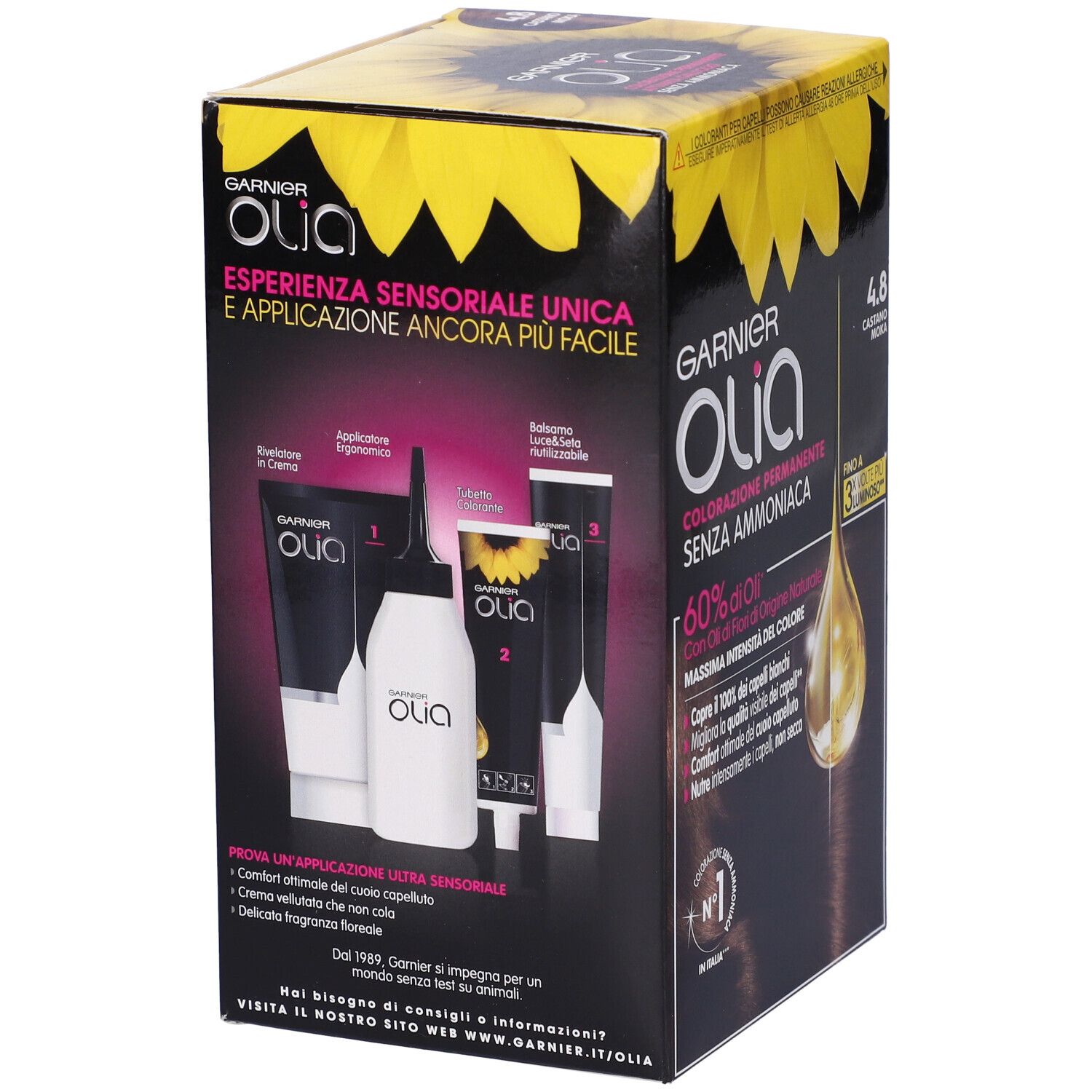 Garnier Tinta Capelli Olia, Colorazione permanente senza ammoniaca per una fragranza delicata, copre il 100% dei capelli bianchi, Con oli di fiori di origine naturale, Castano Moka (4.8)