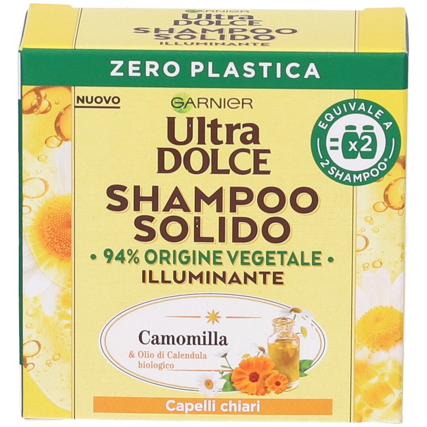 Garnier Ultra Dolce Shampoo Solido Camomilla, Per Capelli Chiari, Con packaging 100% ecologico plastic-free, 60 gr