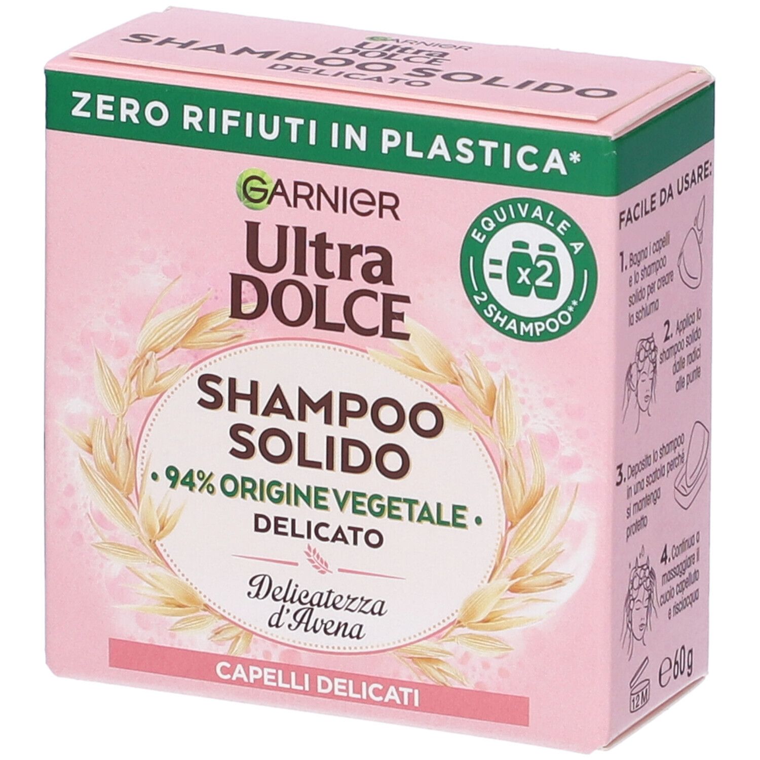 Garnier Ultra Dolce Shampoo Solido Delicatezza D’Avena, Per Cute sensibile e Capelli Delicati, Con packaging 100% ecologico plastic-free, 60 gr