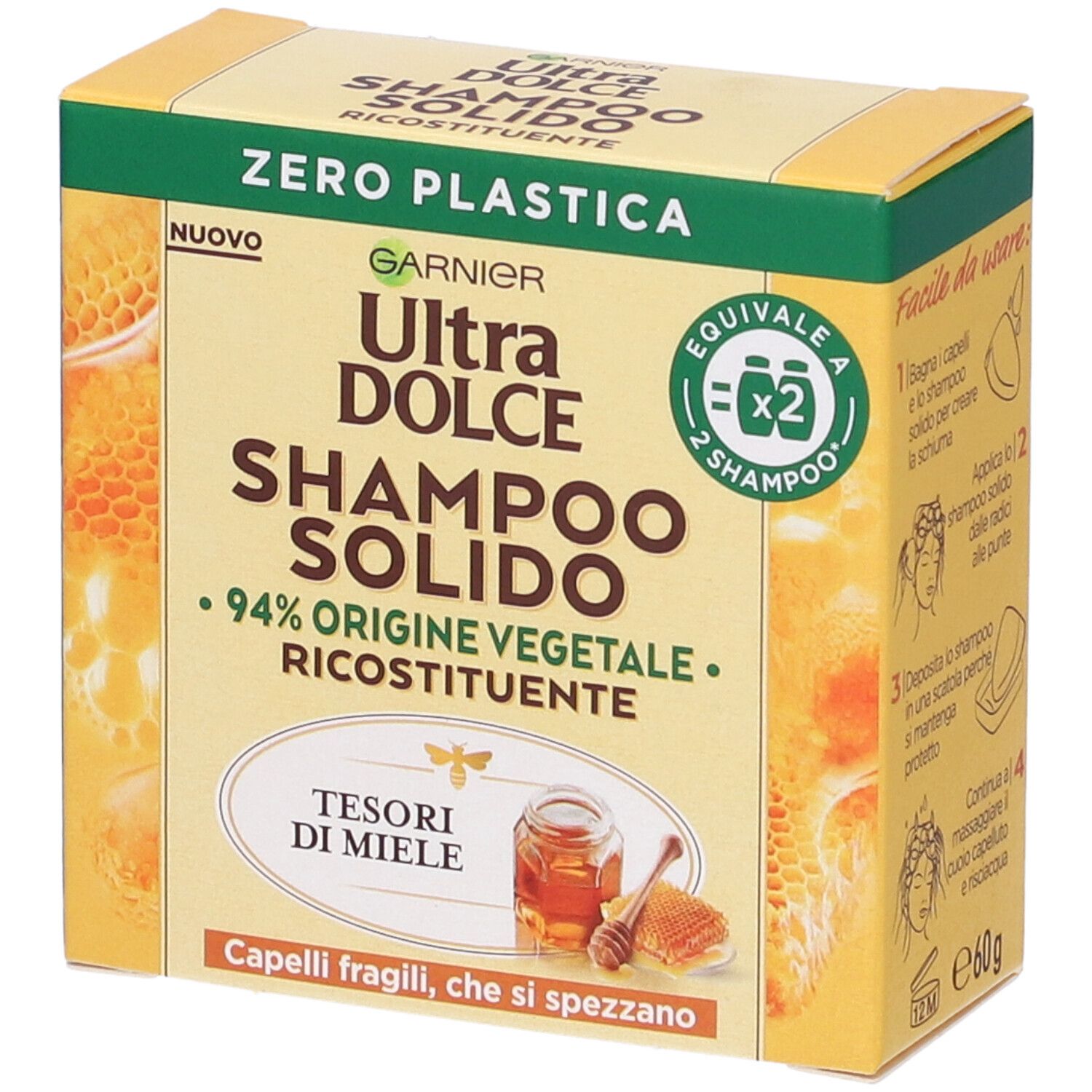 Garnier Ultra Dolce Shampoo Solido Tesori di Miele, Per Capelli Fragili che si Spezzano, Con packaging 100% ecologico plastic-free, 60 gr