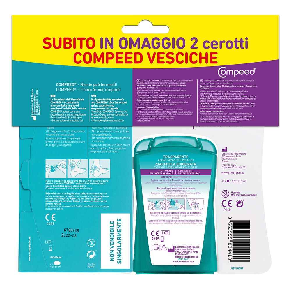Retro della confezione Compeed. Mostra informazioni e istruzioni. Contiene una confezione di cerotti trasparenti. Marchio CE.