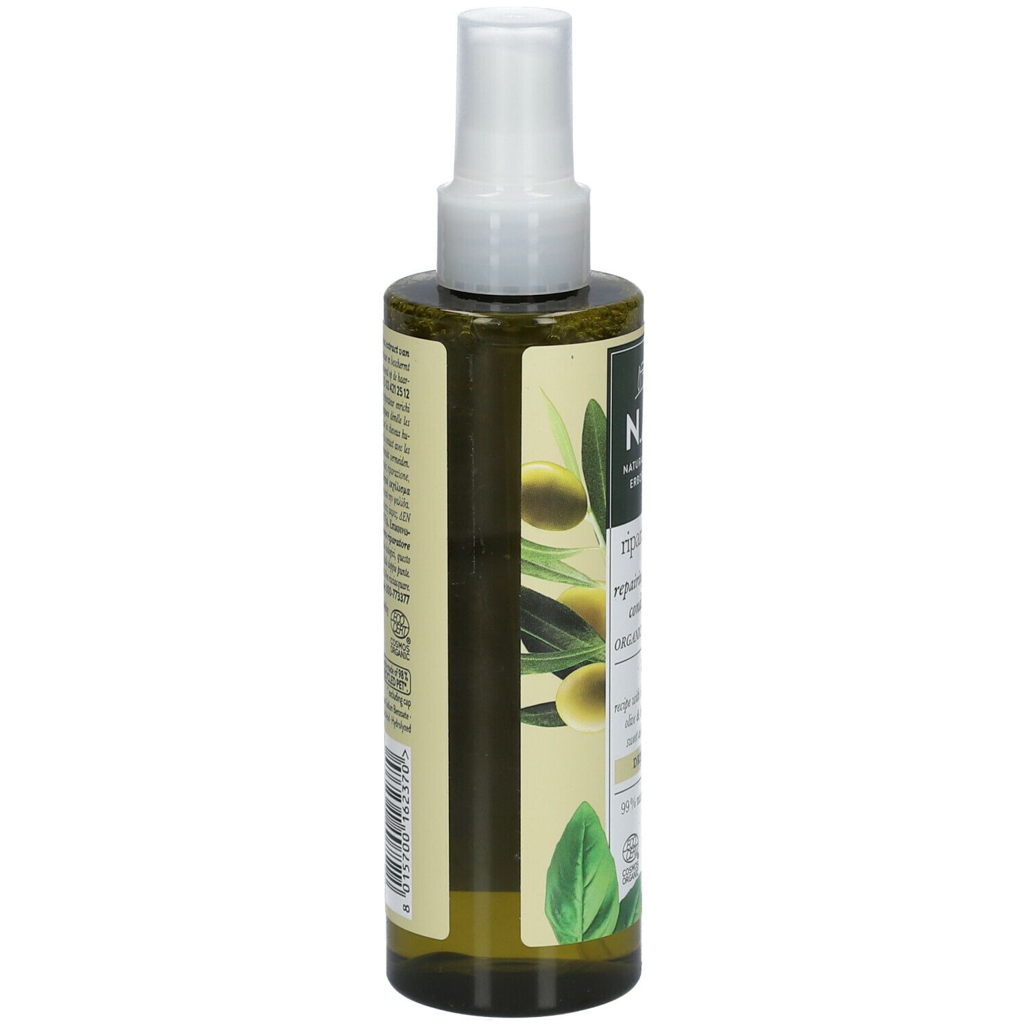 Flacone verde con vaporizzatore. Scritta: N.A.E. riparazione repairing leave-in conditioner. Certificato biologico. Per capelli secchi. Vegano.
