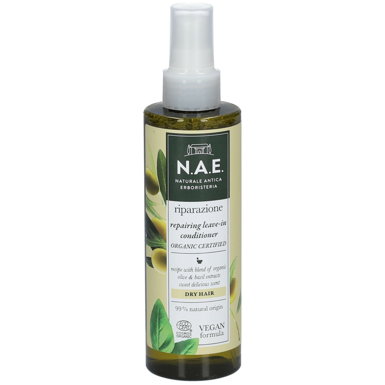 Flacone verde con vaporizzatore. Scritta: N.A.E. riparazione repairing leave-in conditioner. Certificato biologico. Per capelli secchi. Vegano.