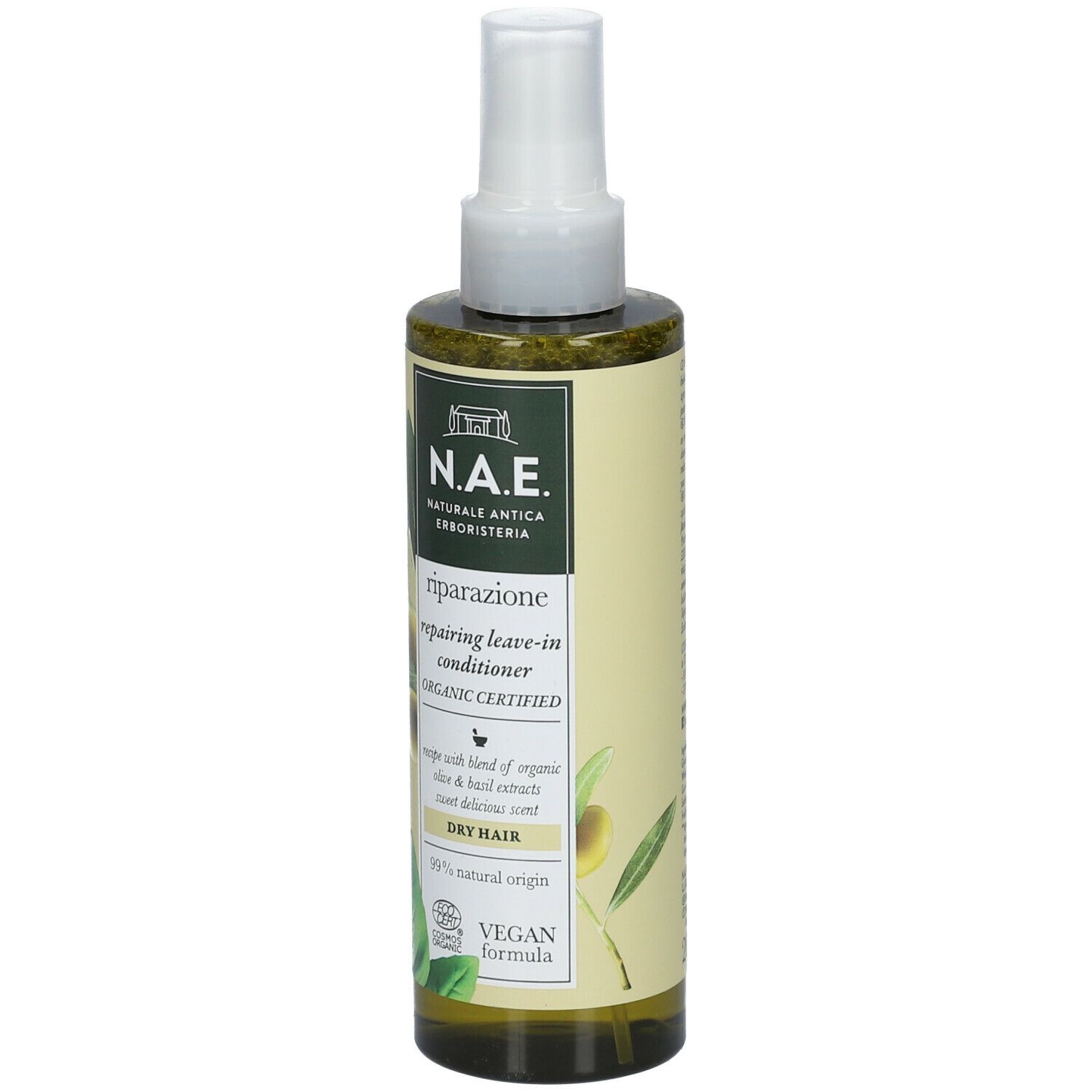 Flacone verde con vaporizzatore. Scritta: N.A.E. riparazione repairing leave-in conditioner. Certificato biologico. Per capelli secchi. Vegano.