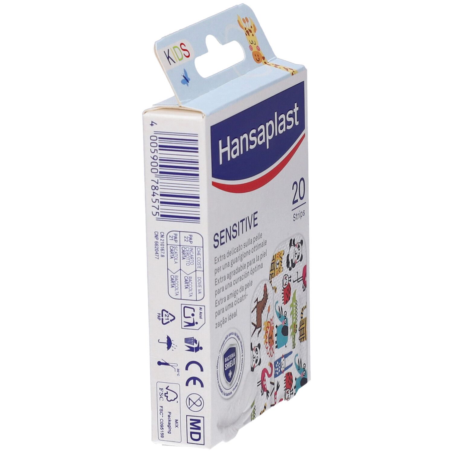Scatola Hansaplast Sensitive Kids, retro con informazioni prodotto e marchio CE.