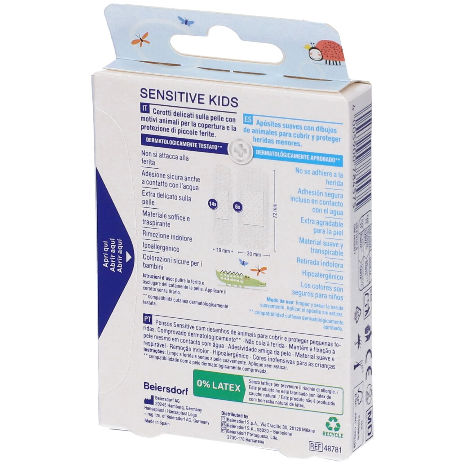 Scatola Hansaplast Sensitive Kids, lato con istruzioni d'uso e caratteristiche prodotto.