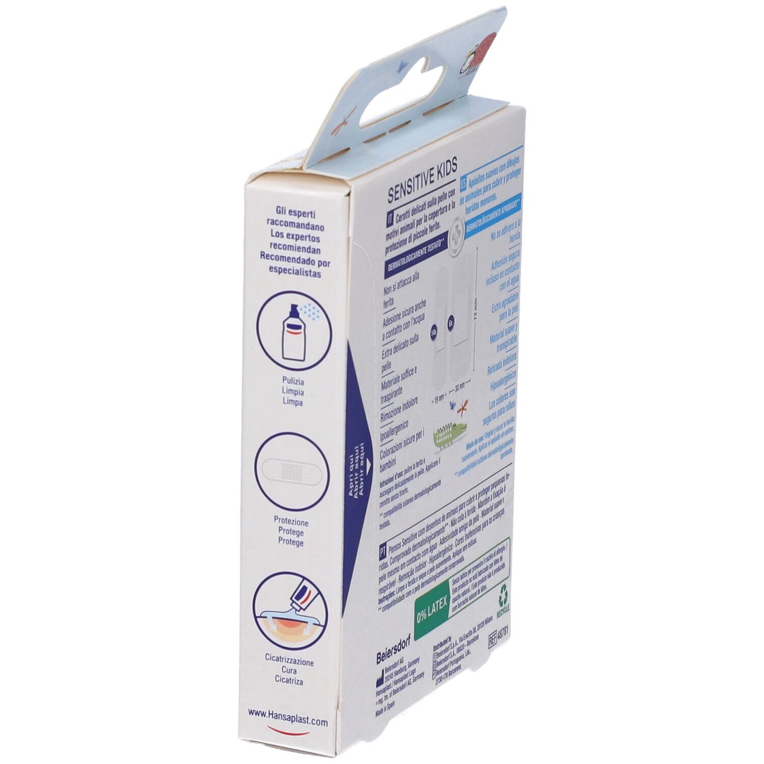 Scatola Hansaplast Sensitive Kids, lato con istruzioni d'uso e caratteristiche prodotto.