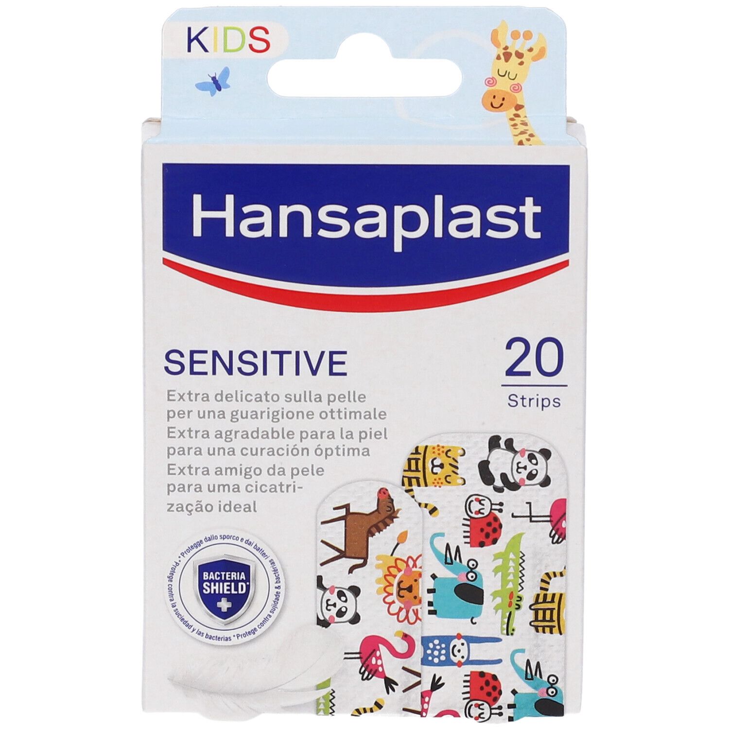Scatola cerotti Hansaplast Sensitive Kids, 20 cerotti con motivi animali.