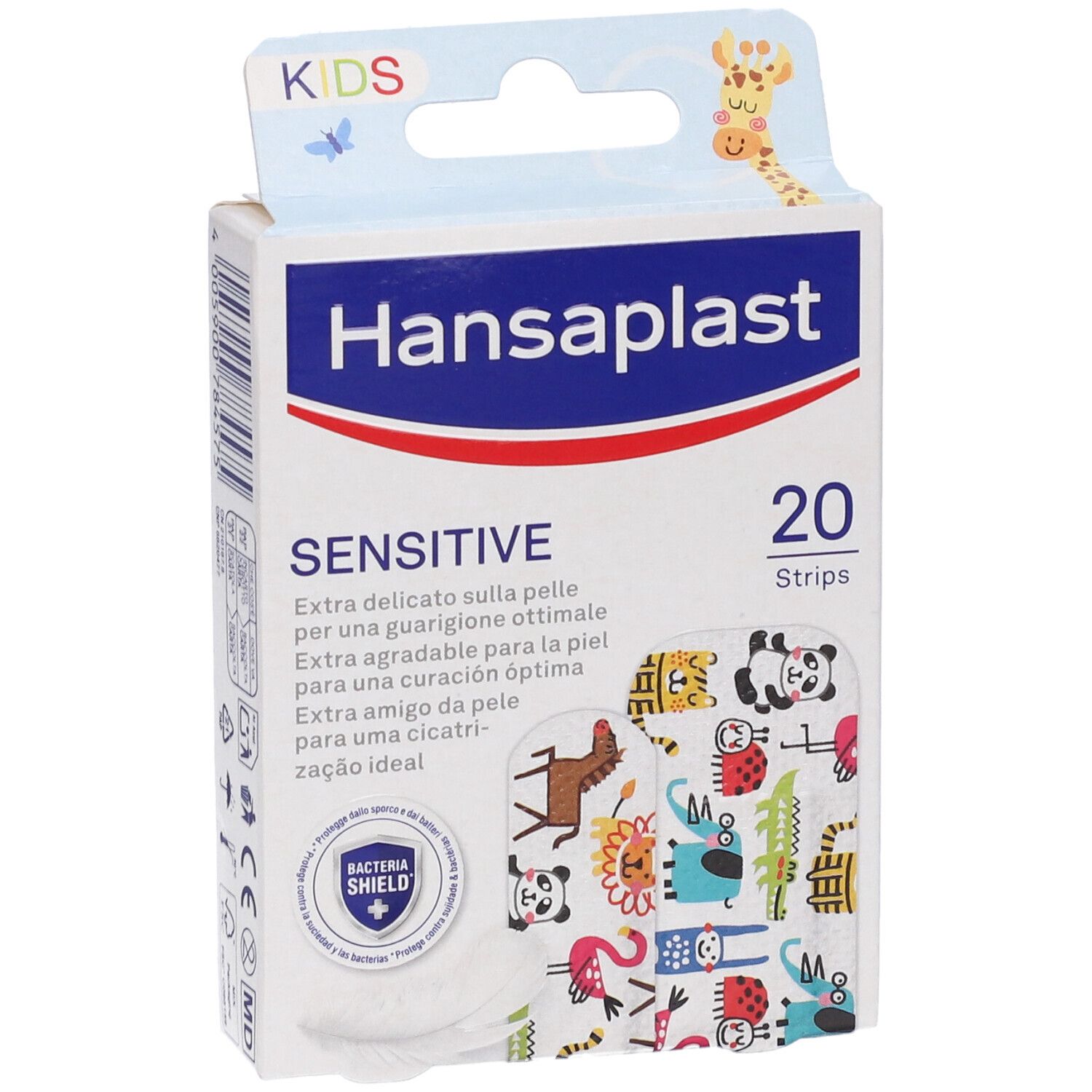 Scatola cerotti Hansaplast Sensitive Kids, 20 cerotti con motivi animali.