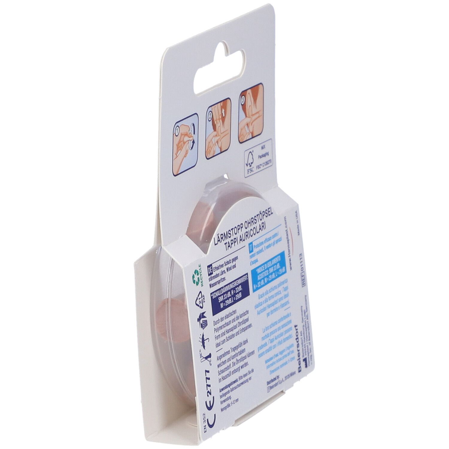 Confezione di tappi per le orecchie Hansaplast, vista laterale posteriore. Istruzioni, testo, simbolo di riciclaggio, marchio CE.